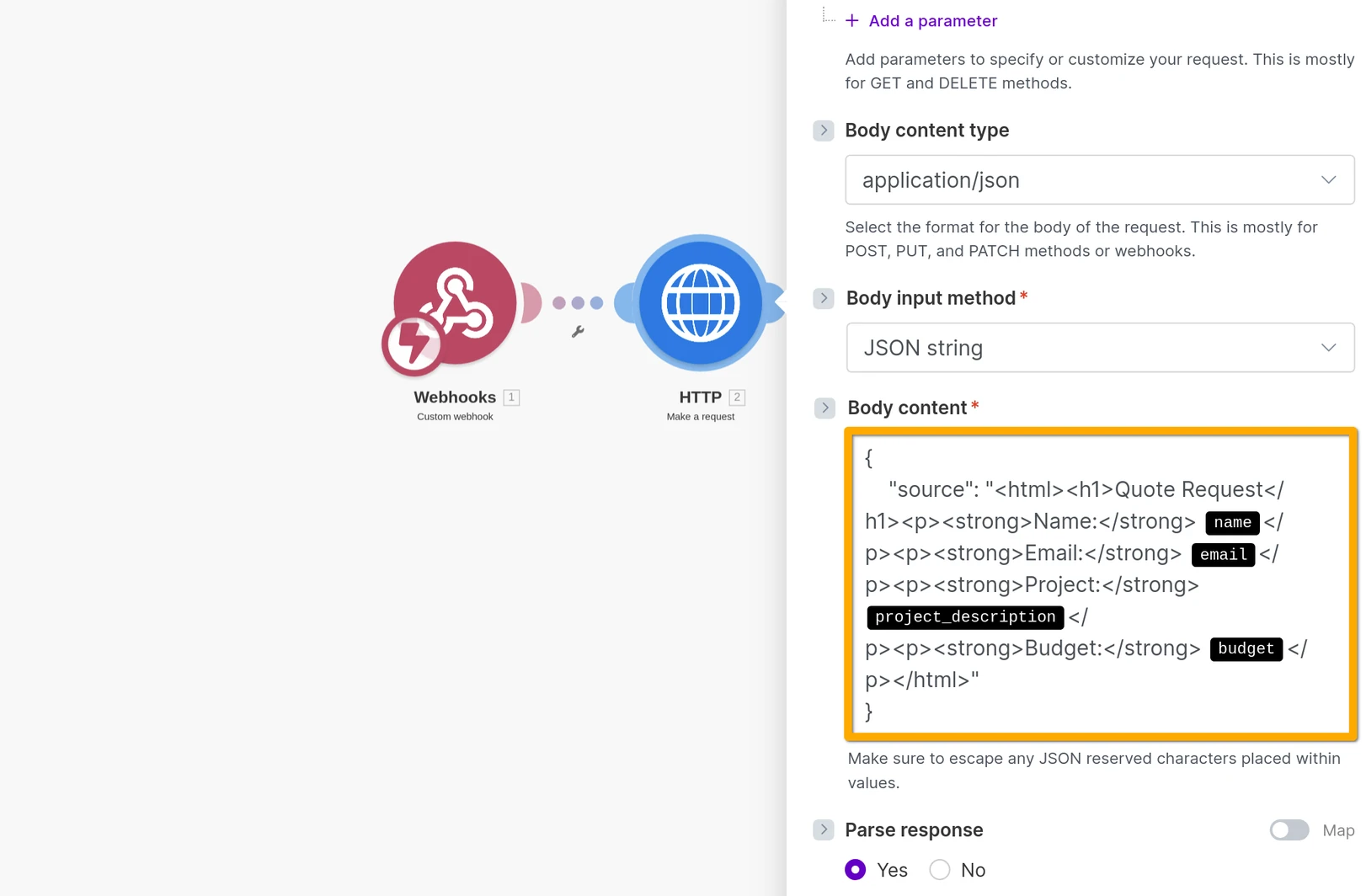 Make.com: add HTTP → Make a request and configure.