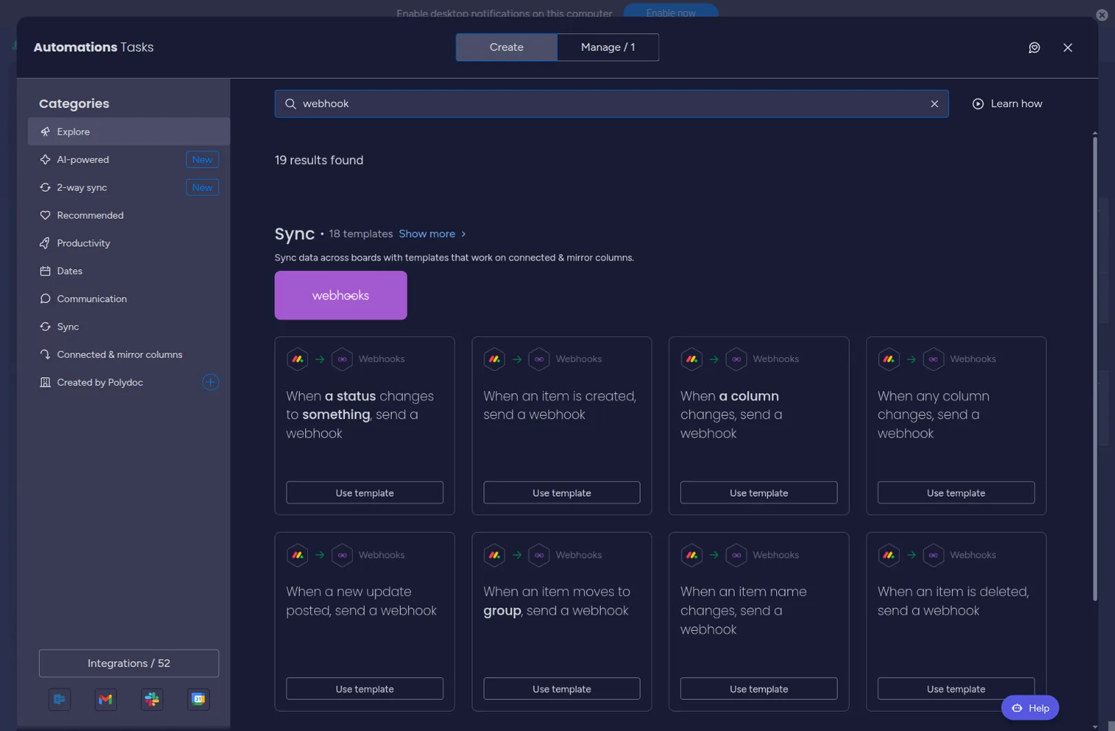 monday.com Automations center, Create tab, searching 'webhook': the recipe library shows 'When a status changes to something, send a webhook' alongside variants for item created, column changes, item moved, and item deleted.