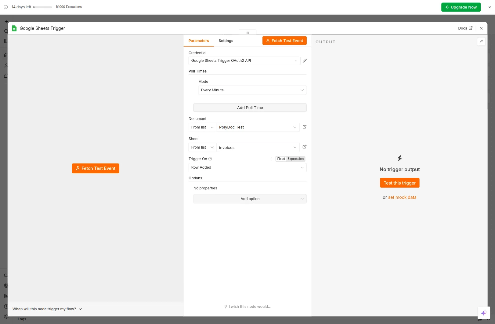 n8n Google Sheets Trigger node configured with PolyDoc Test spreadsheet, invoices sheet, Row Added event