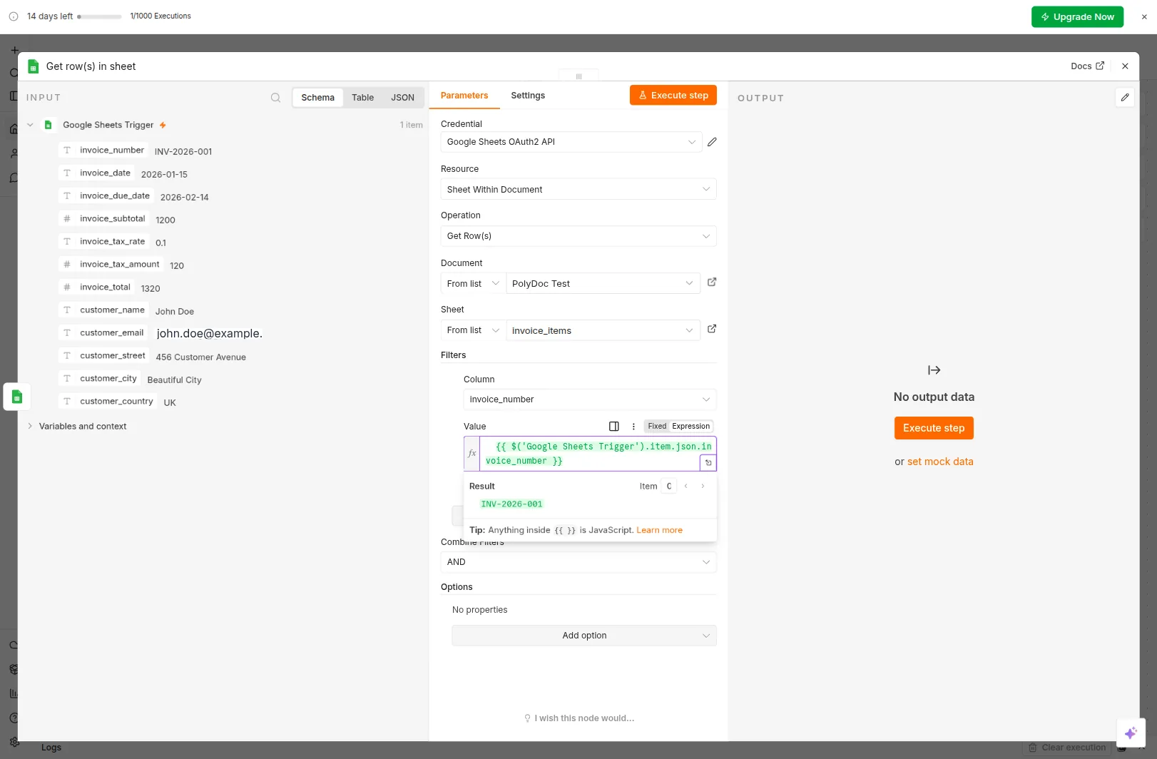 n8n Google Sheets Get Row(s) node configured with built-in filter on invoice_number, expression evaluating to INV-2026-001