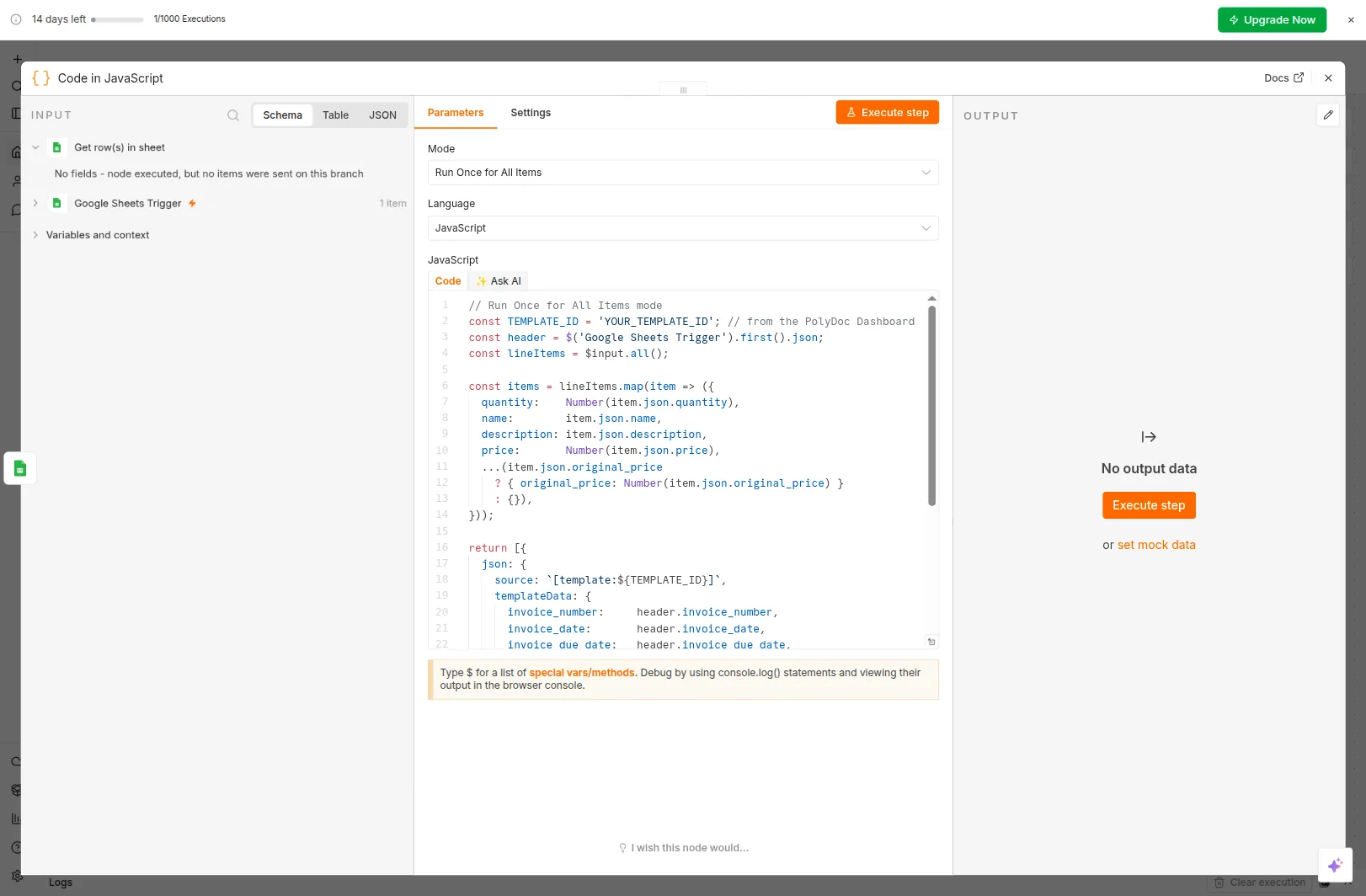 n8n Code node script - top - TEMPLATE_ID constant and items.map building the line items array