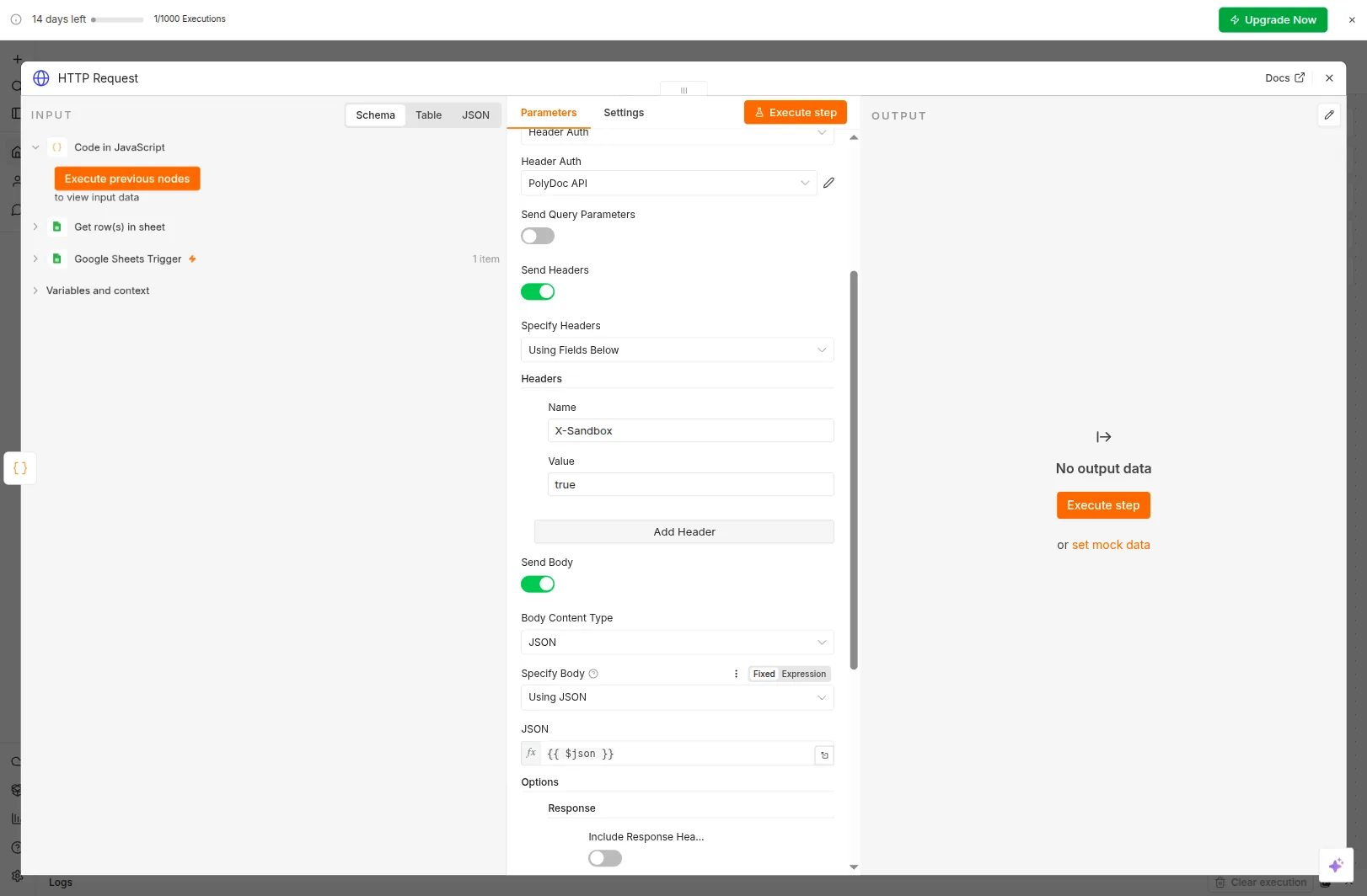 n8n HTTP Request node configured for PolyDoc with Header Auth credential, X-Sandbox header, JSON body {{ $json }} and Response Format File