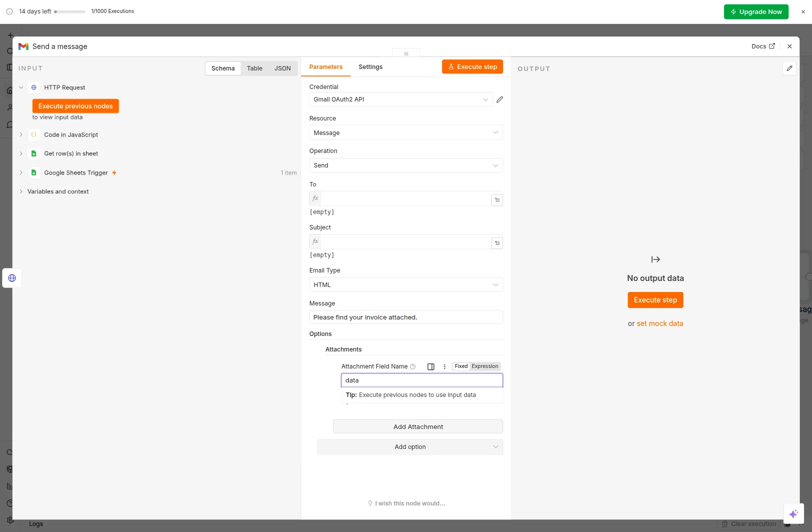 n8n Gmail Send node with To and Subject pulled from the Google Sheets Trigger and the PDF attached via the data binary