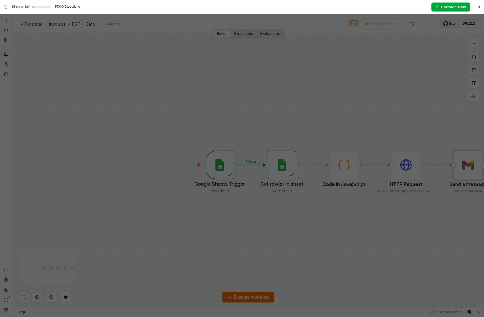 n8n canvas showing the full Invoices PDF Email workflow Published, with green checkmarks on the trigger and Sheets read steps