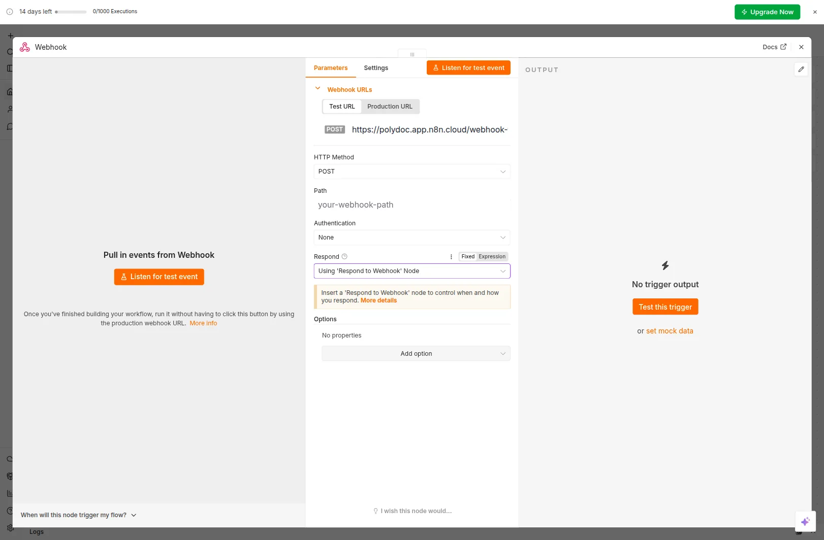 n8n Webhook node with HTTP Method POST and Respond set to Using Respond to Webhook Node
