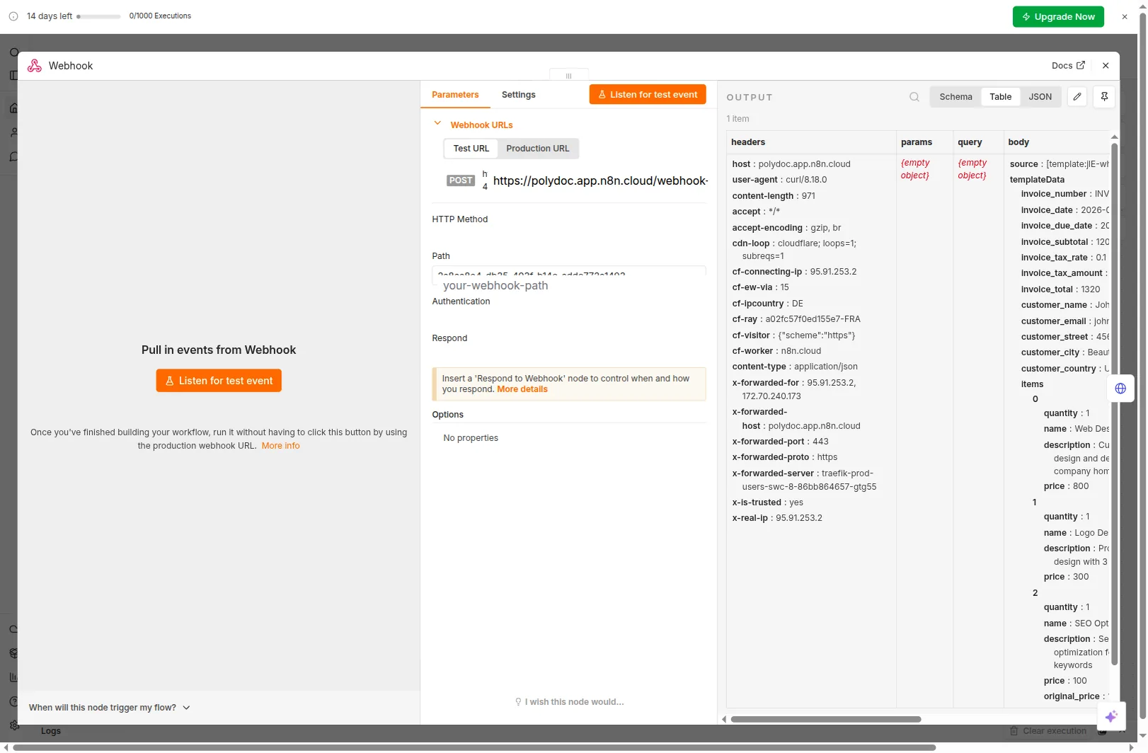 n8n Webhook node Output panel showing the received canonical body with templateData, items, headers parsed and ready to use