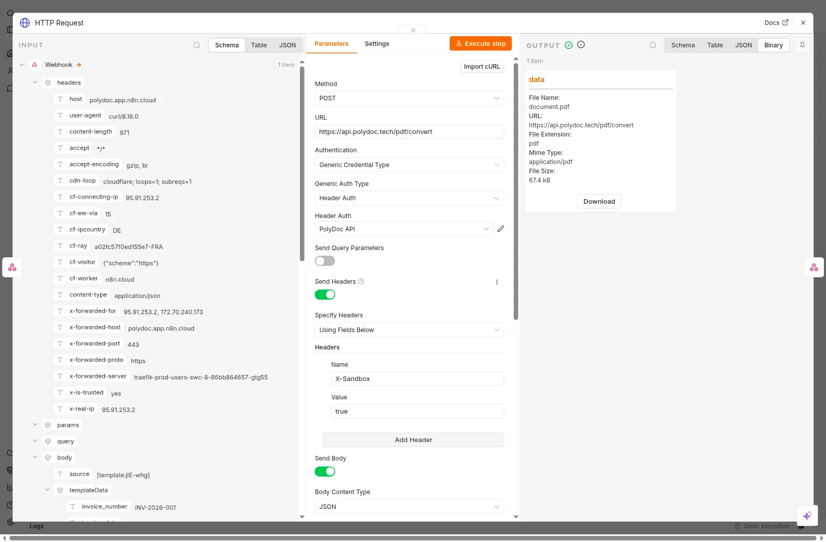 n8n HTTP Request - top - Method POST, URL pdf/convert, Header Auth credential, X-Sandbox header, and the resulting PDF binary output