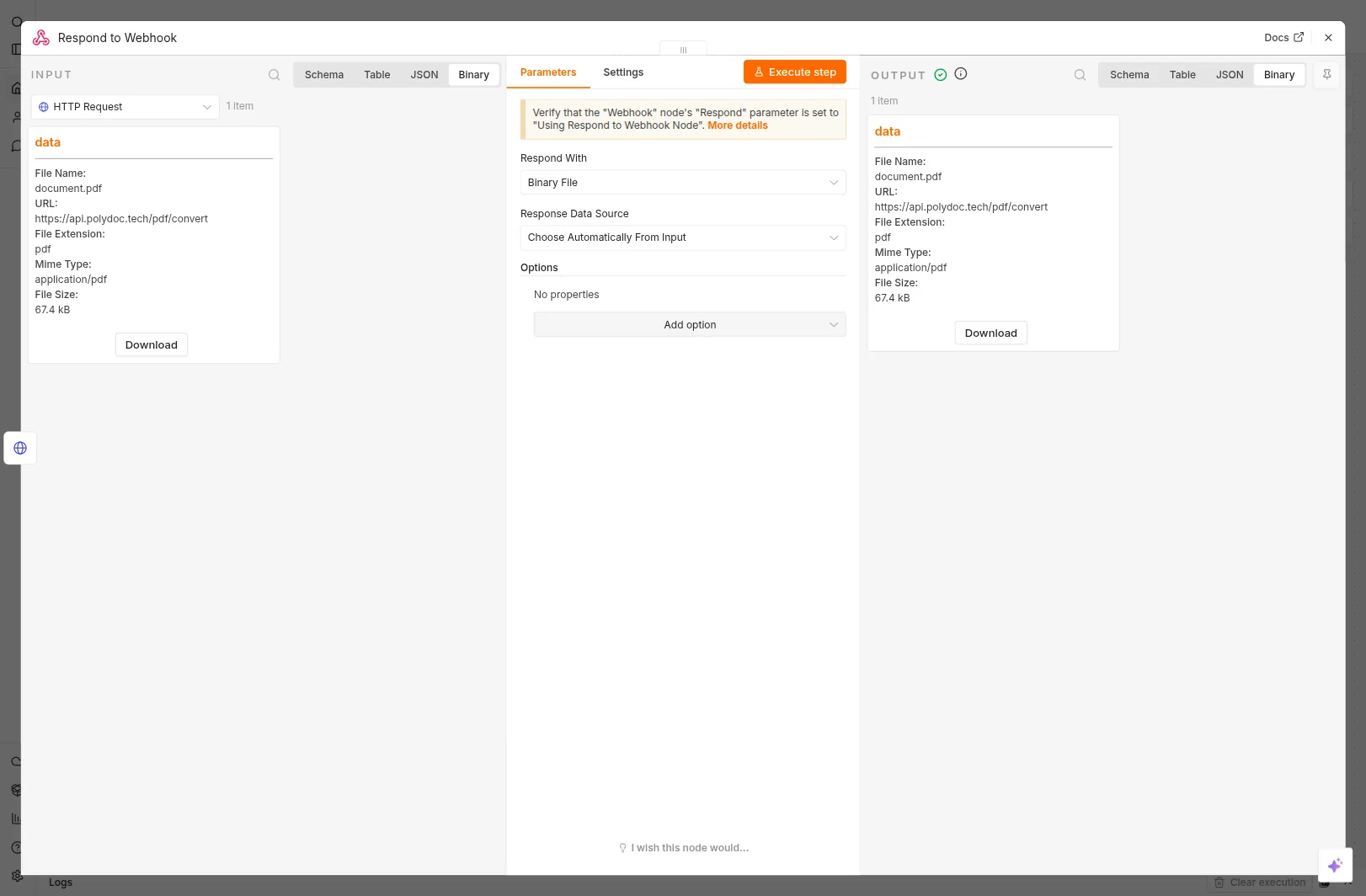 n8n Respond to Webhook node set to Binary File with Choose Automatically From Input - the PDF binary flows through unchanged