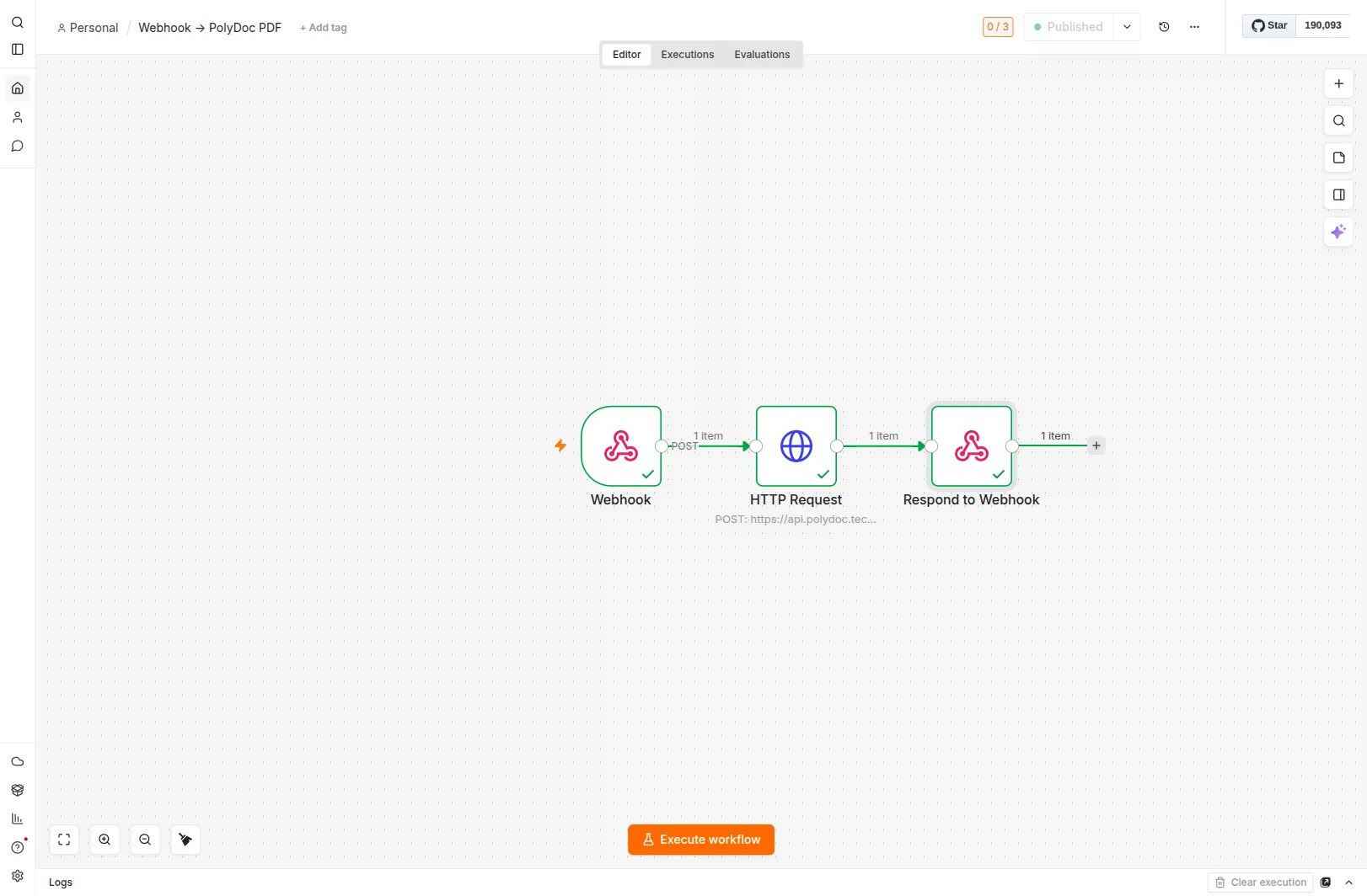 n8n canvas with the Webhook PolyDoc PDF workflow showing the green Published badge - all three nodes wired and live