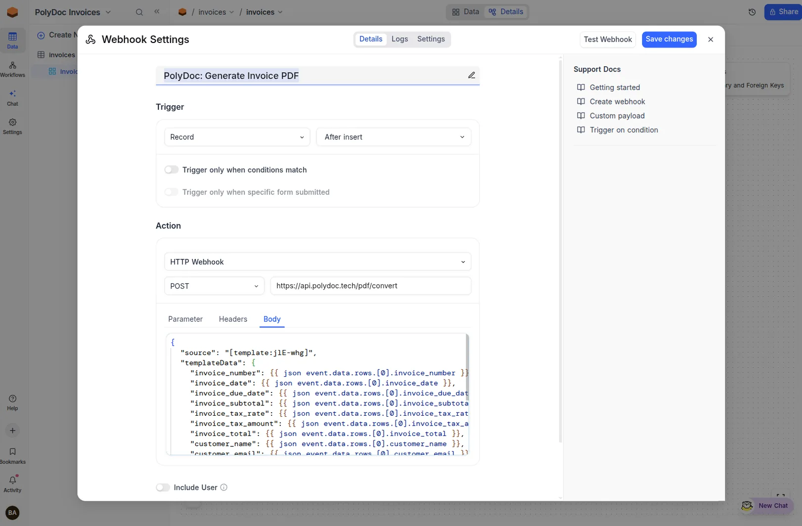 NocoDB webhook Body tab with the PolyDoc custom payload - templateData fields bound via the json helper and items injected raw with triple-brace Handlebars