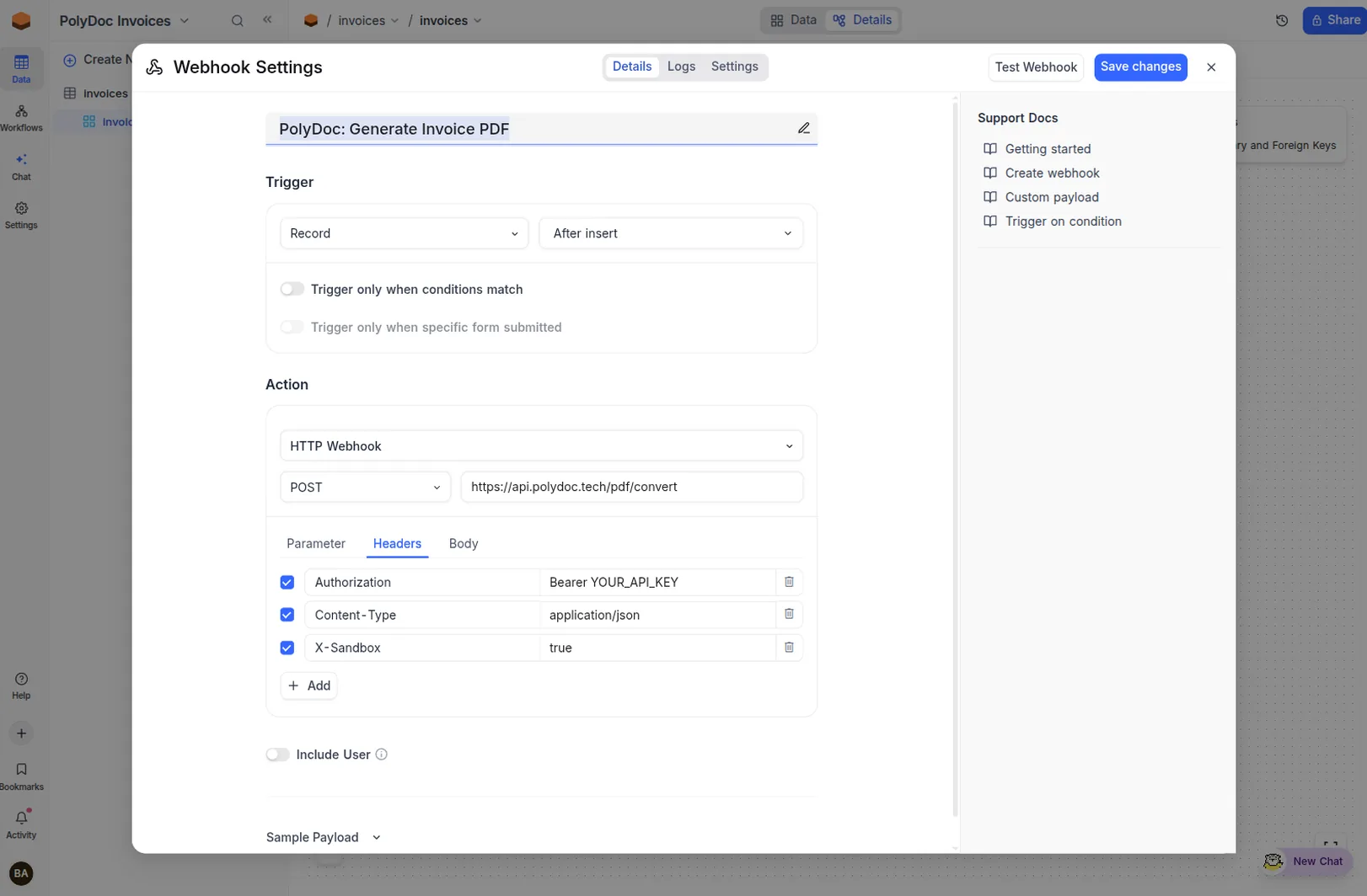 NocoDB webhook editor: Record / After insert trigger, HTTP Webhook POST to api.polydoc.tech/pdf/convert, and the Authorization / Content-Type / X-Sandbox headers