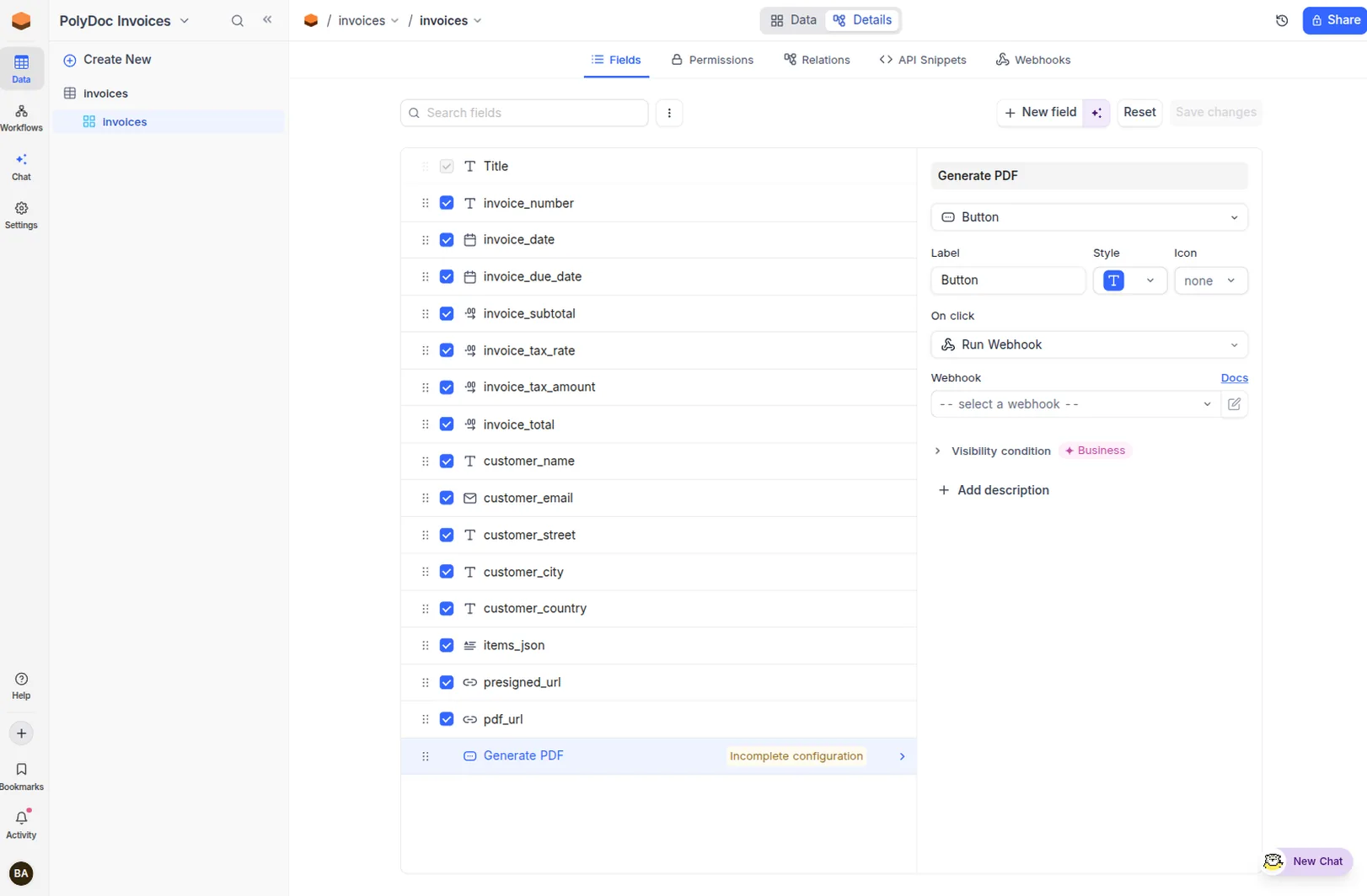 NocoDB Button field configuration: type Button, On click set to Run Webhook, ready to select the PolyDoc webhook