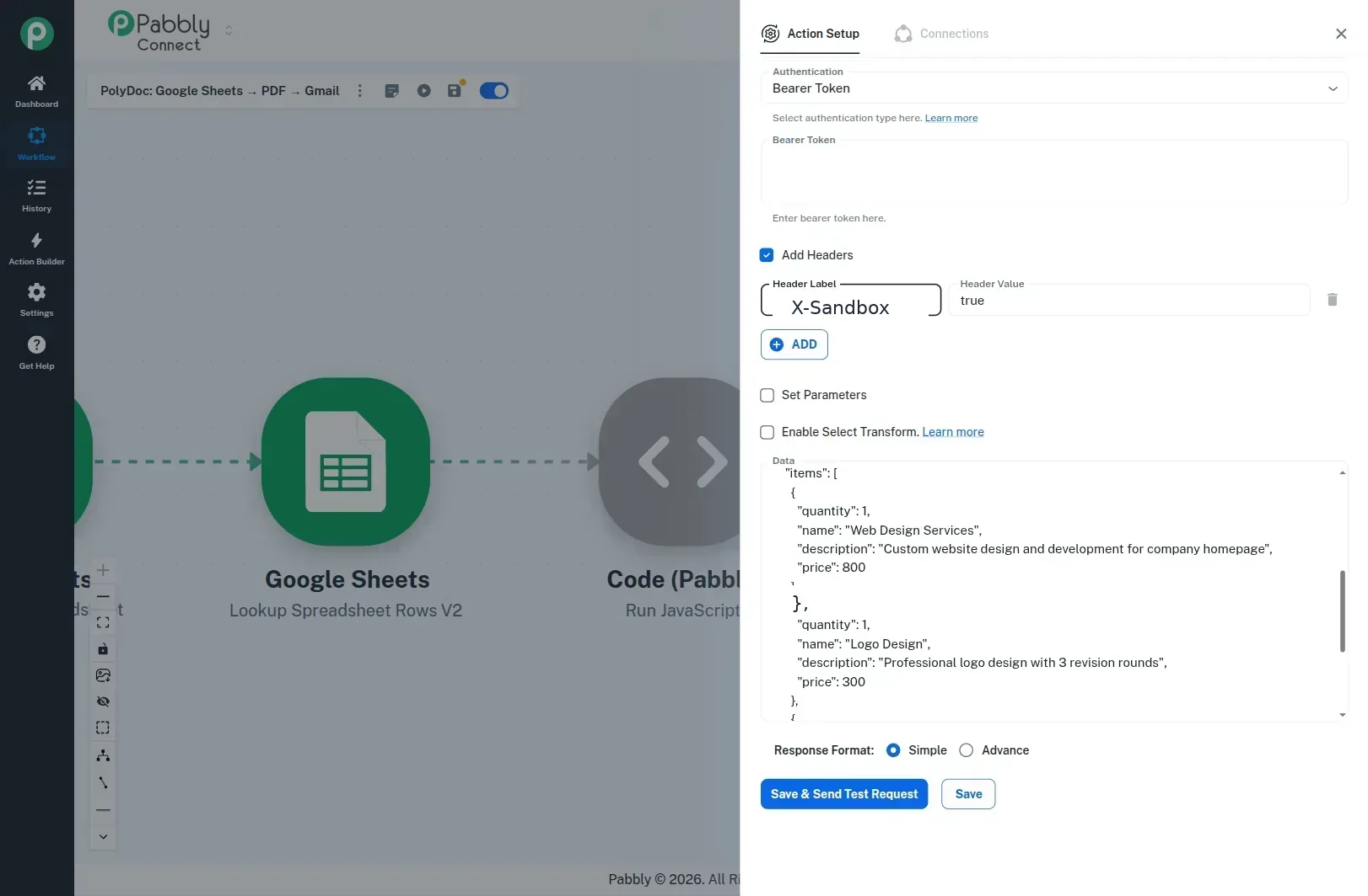 Pabbly Connect: API Custom Request to PolyDoc with templateData JSON body and X-Sandbox header.