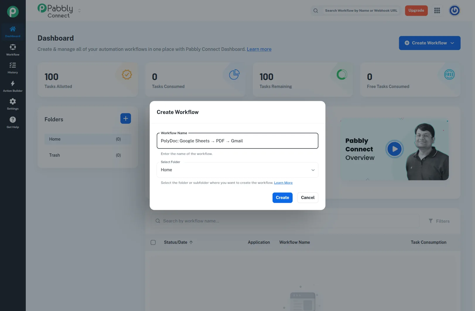 Pabbly Connect: Create Workflow dialog with a descriptive name.
