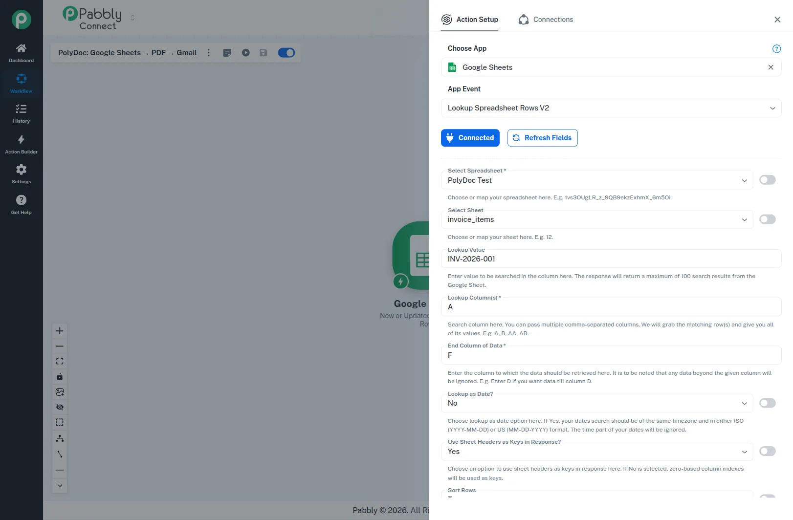 Pabbly Connect: Lookup Spreadsheet Rows V2 configured against invoice_items, filtered by invoice_number, returning headers as keys.