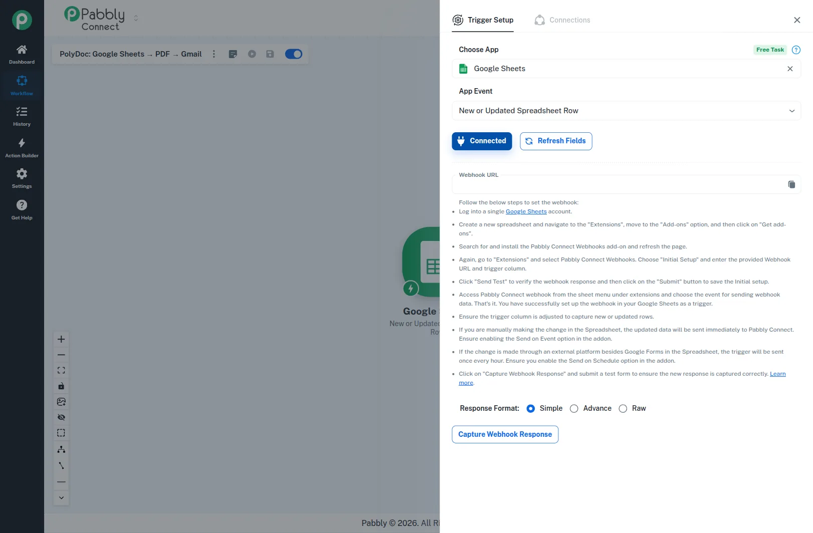 Pabbly Connect: Google Sheets trigger setup with the add-on install instructions.