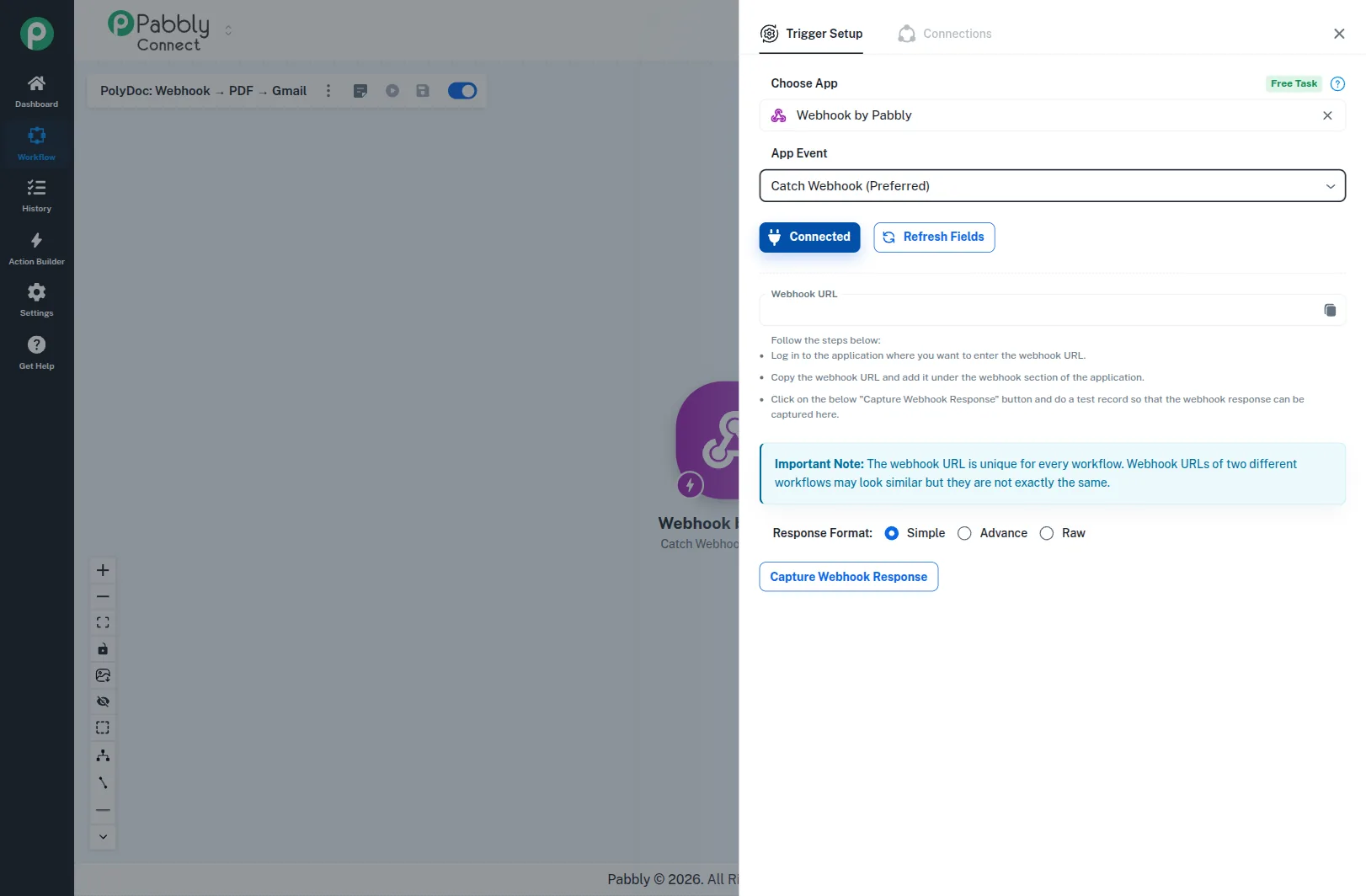 Pabbly Connect: Catch Webhook trigger with the generated URL ready to copy.