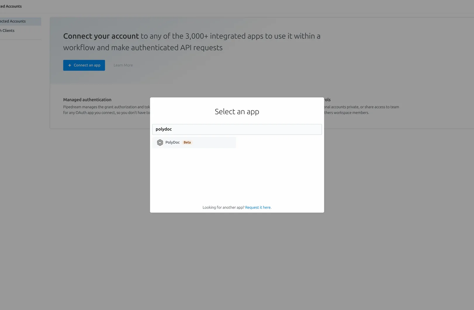 Pipedream Connect an app dialog with PolyDoc selected