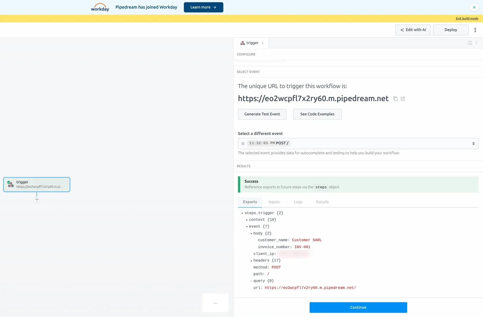Pipedream HTTP / Webhook trigger with a captured test POST event in the inspector