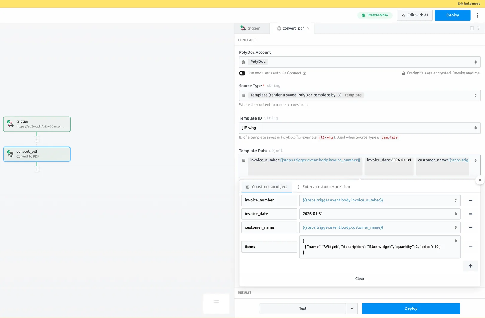 Pipedream Convert to PDF action configured with the Template source, a template ID, template data JSON, and Download delivery