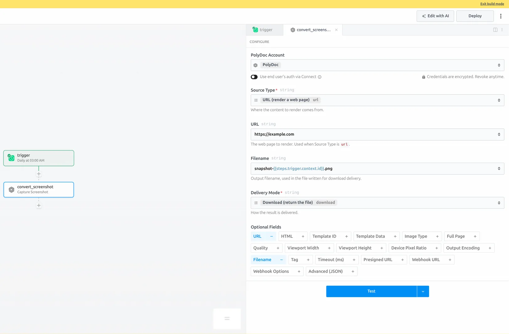Pipedream Capture Screenshot action configured for a URL source, PNG image type, full page on, and viewport settings