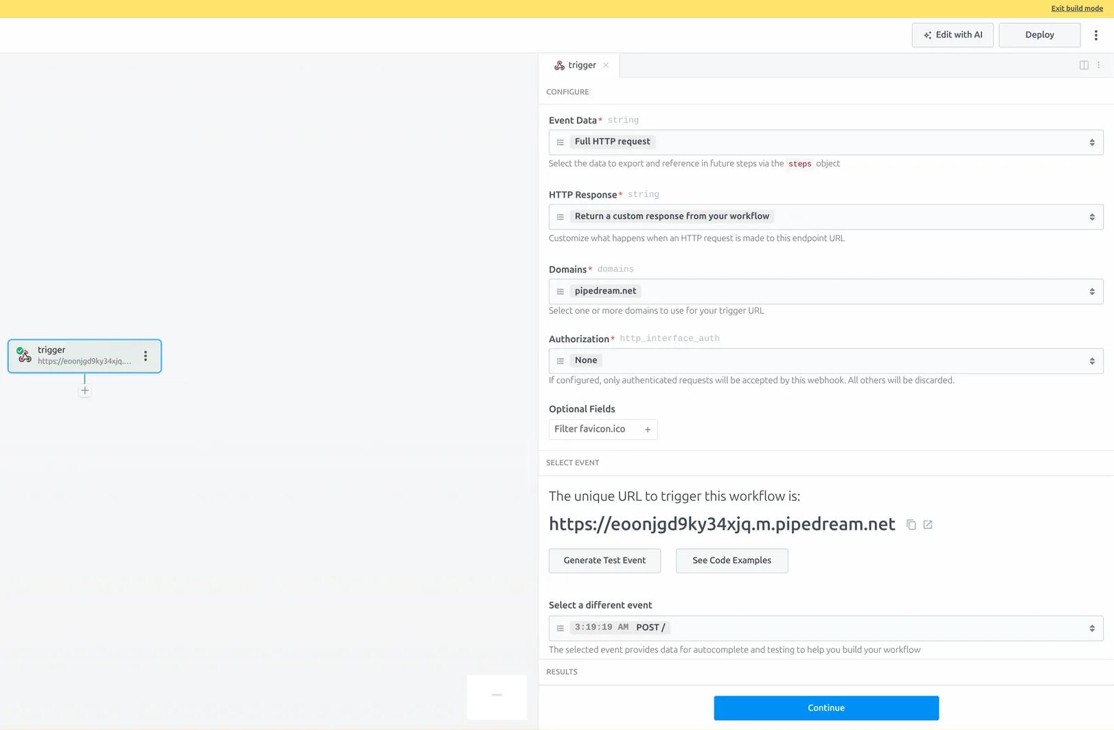 Pipedream HTTP / Webhook trigger configured to return a custom response from the workflow