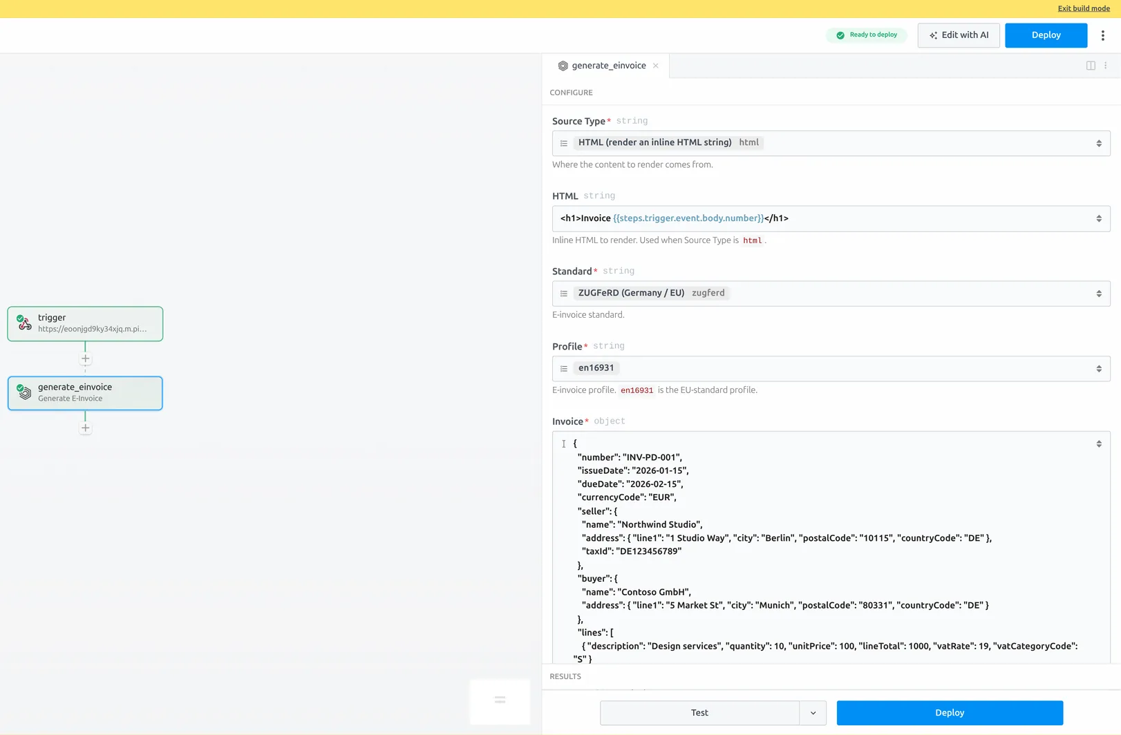 Pipedream Generate E-Invoice action set to an HTML source, ZUGFeRD standard, and en16931 profile, with the invoice object