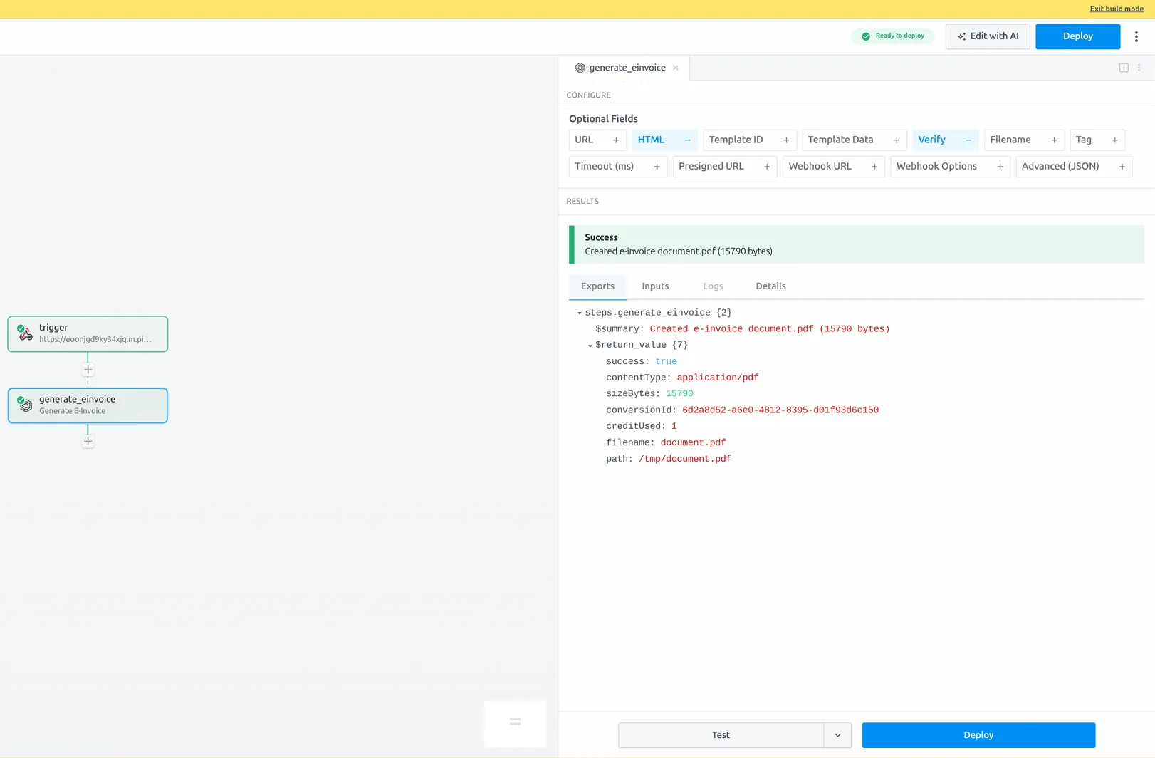 Pipedream Generate E-Invoice step succeeded, returning the compliant PDF/A-3 file path