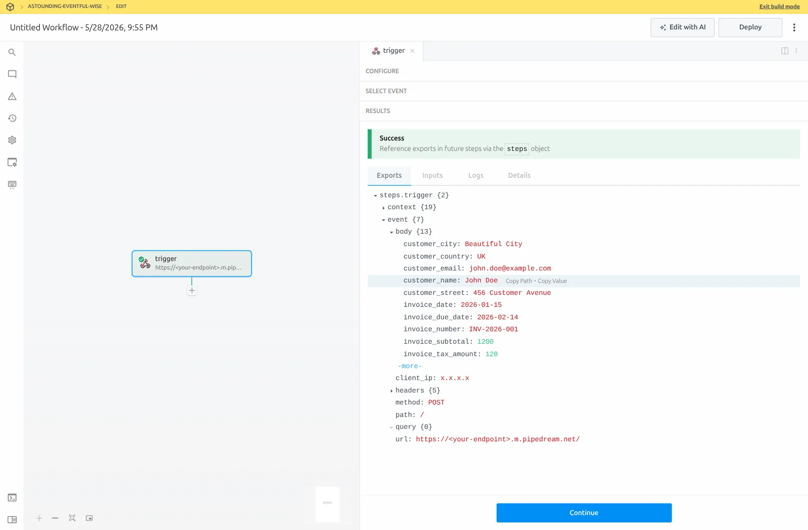 Pipedream HTTP / Webhook trigger configured. The right-hand inspector shows the captured POST event with all 13 invoice fields under steps.trigger.event.body