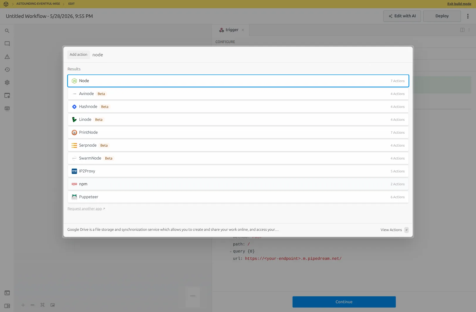 Pipedream Add Action picker filtered to Node - the built-in Node app sits at the top with 7 actions including Run Node code