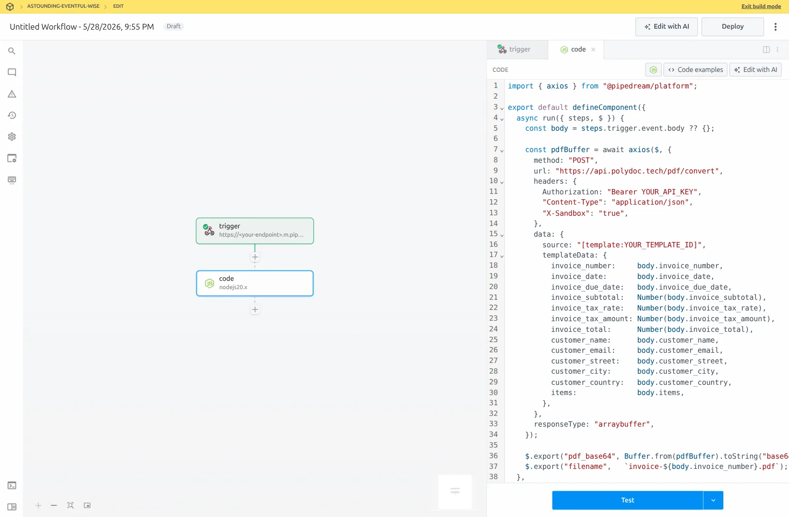 Pipedream Node code step with the corrected payload visible - source is [template:...], templateData carries all 13 invoice fields, responseType is arraybuffer so axios returns a binary Buffer