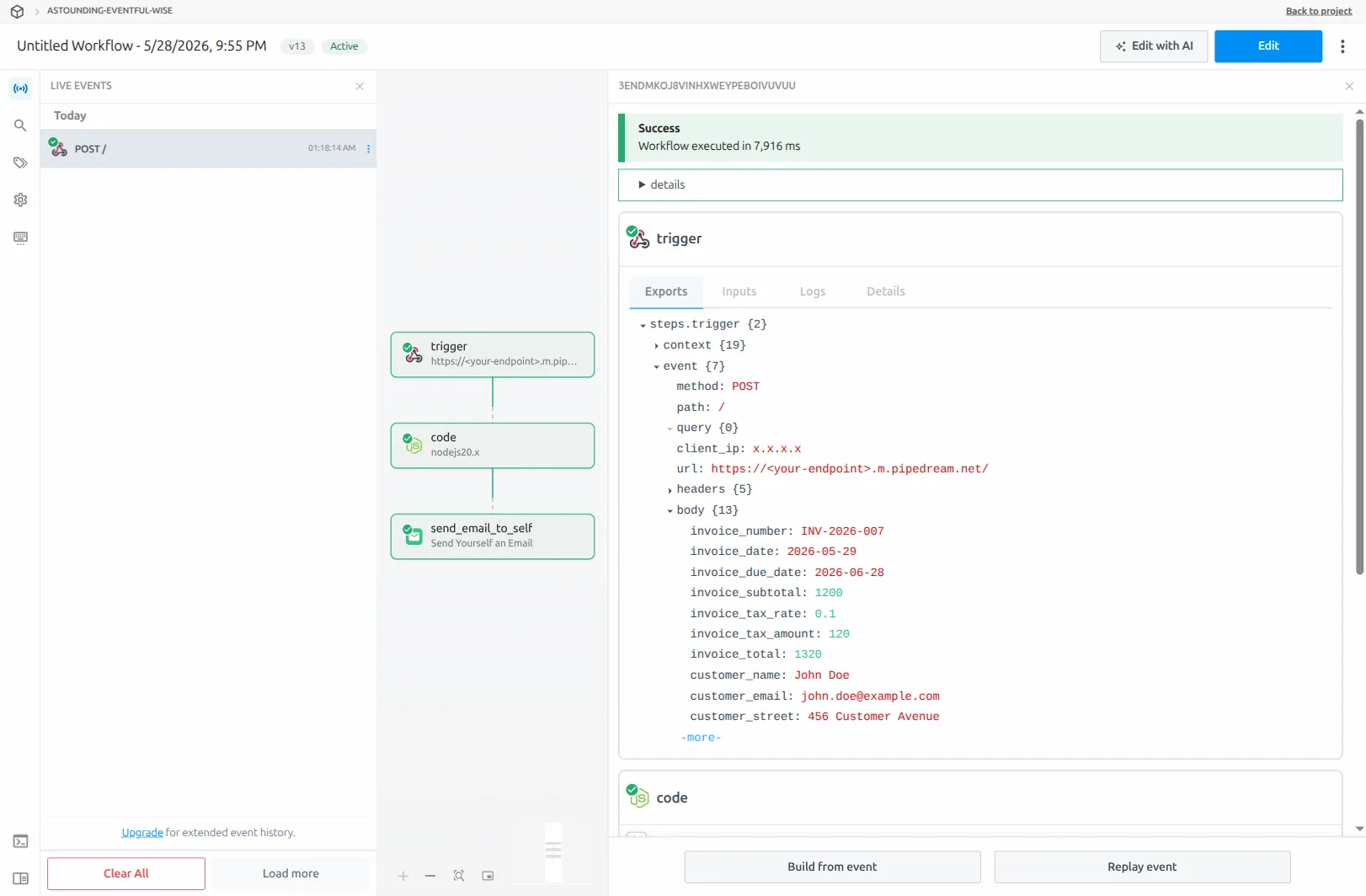 Pipedream Inspector view of the deployed workflow showing a green Success banner - Workflow executed in ~8 seconds, with the trigger's full event body visible in the Exports tab