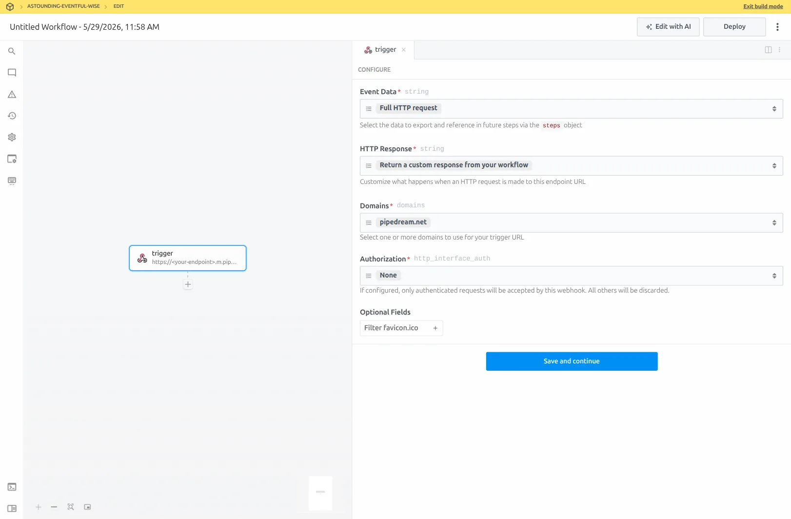Pipedream HTTP / Webhook trigger configuration with HTTP Response set to 'Return a custom response from your workflow' - the toggle that makes $.respond() in the code step authoritative