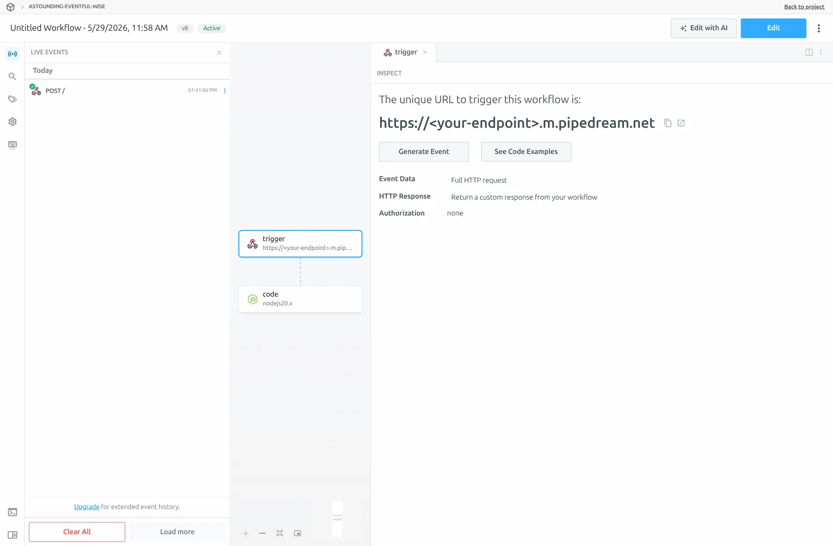 Pipedream Inspector showing the deployed UC2 workflow (Active badge), the trigger summary on the right confirming 'HTTP Response: Return a custom response from your workflow', and a captured POST event in Live Events