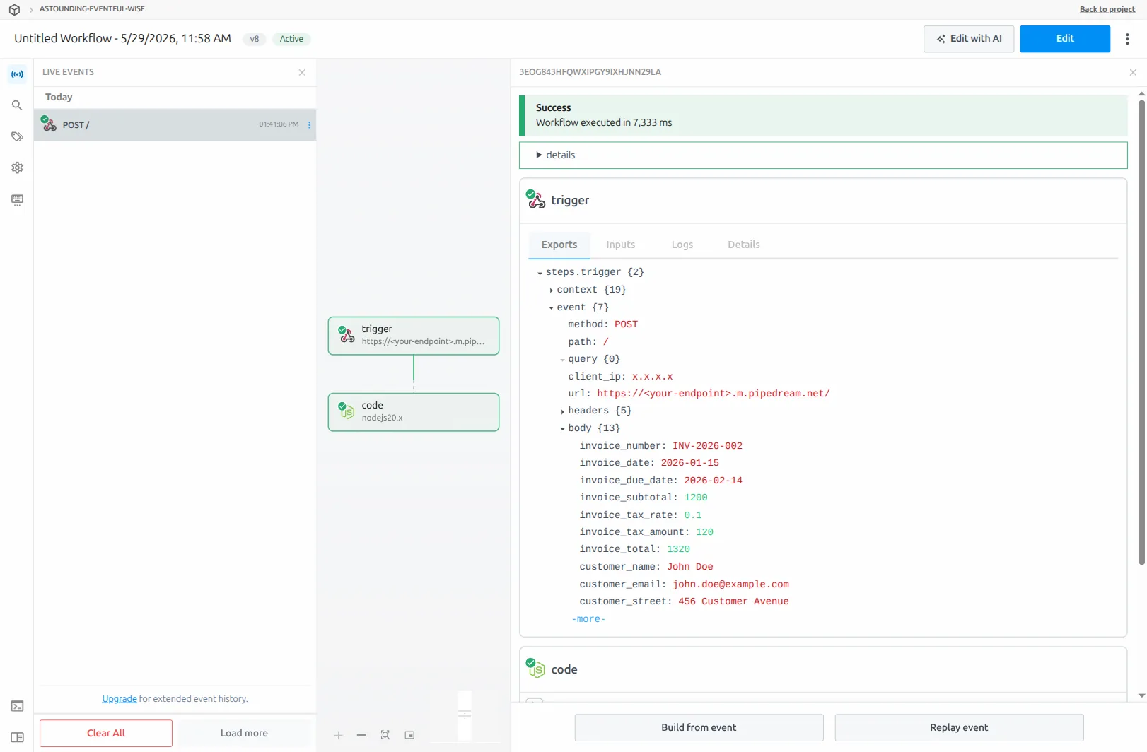 Pipedream Inspector showing the successful UC2 test event - green 'Workflow executed in ~7s' banner, the trigger body's 13 invoice fields parsed correctly, with the Replay event button below