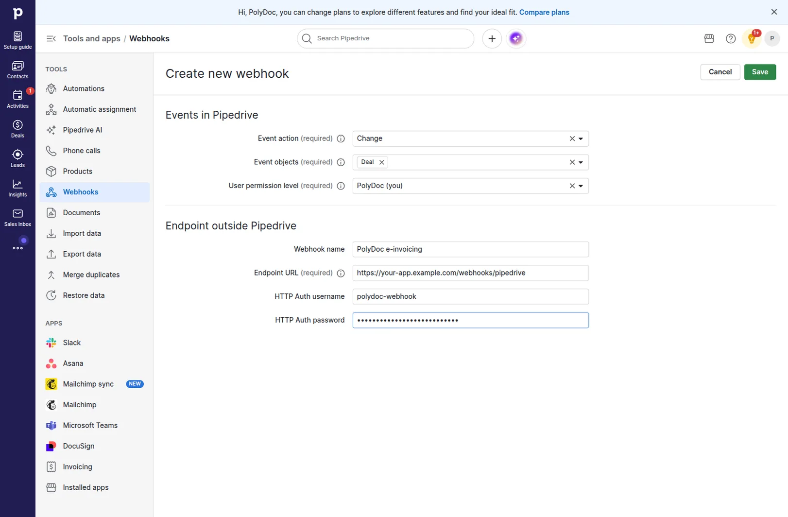 Pipedrive Create new webhook form: Event action Change, Event object Deal, an endpoint URL, and the HTTP Basic Auth username and password fields.