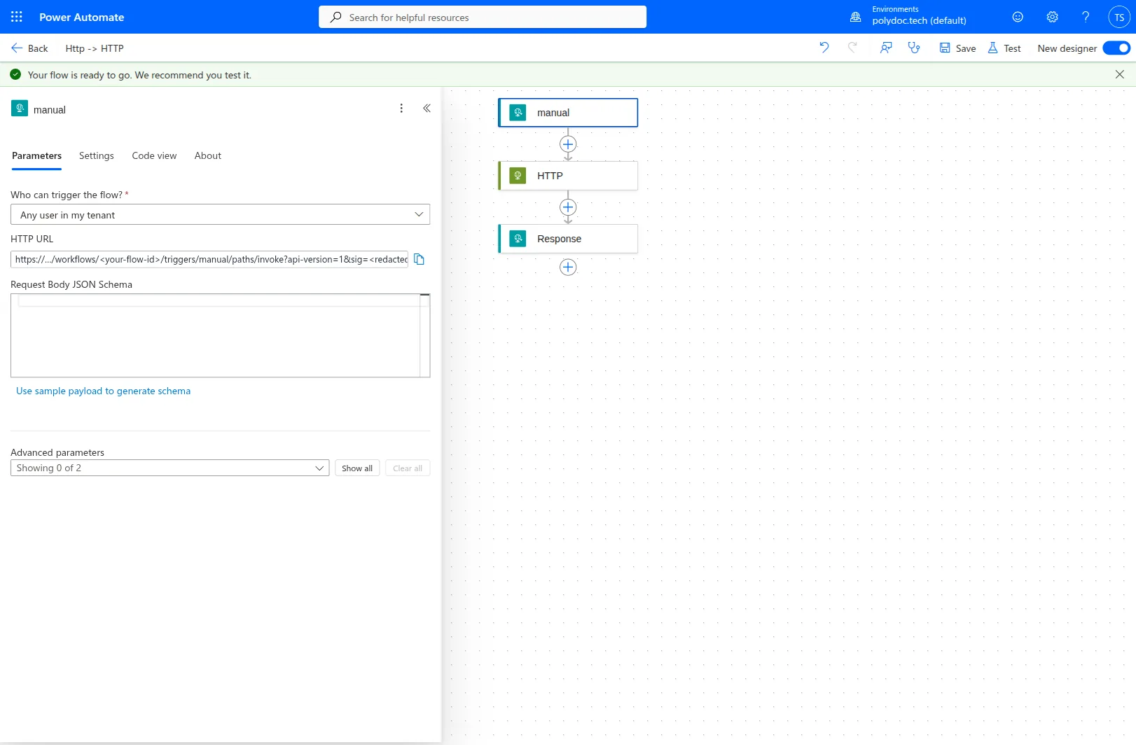 Power Automate instant cloud flow with the 'When an HTTP request is received' trigger. Who can trigger the flow is set to Any user in my tenant; the HTTP URL is generated after save.