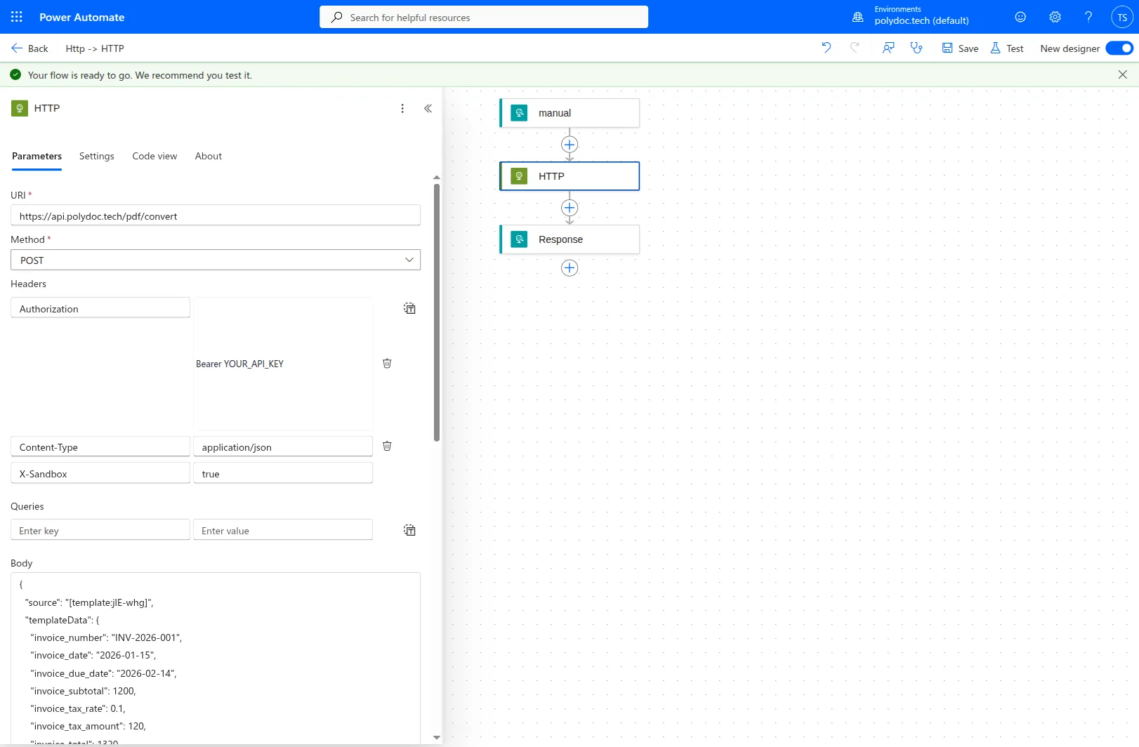 Power Automate HTTP action calling https://api.polydoc.tech/pdf/convert with method POST, the three required headers (Authorization redacted to Bearer YOUR_API_KEY, Content-Type application/json, X-Sandbox true) and the full templateData JSON body.