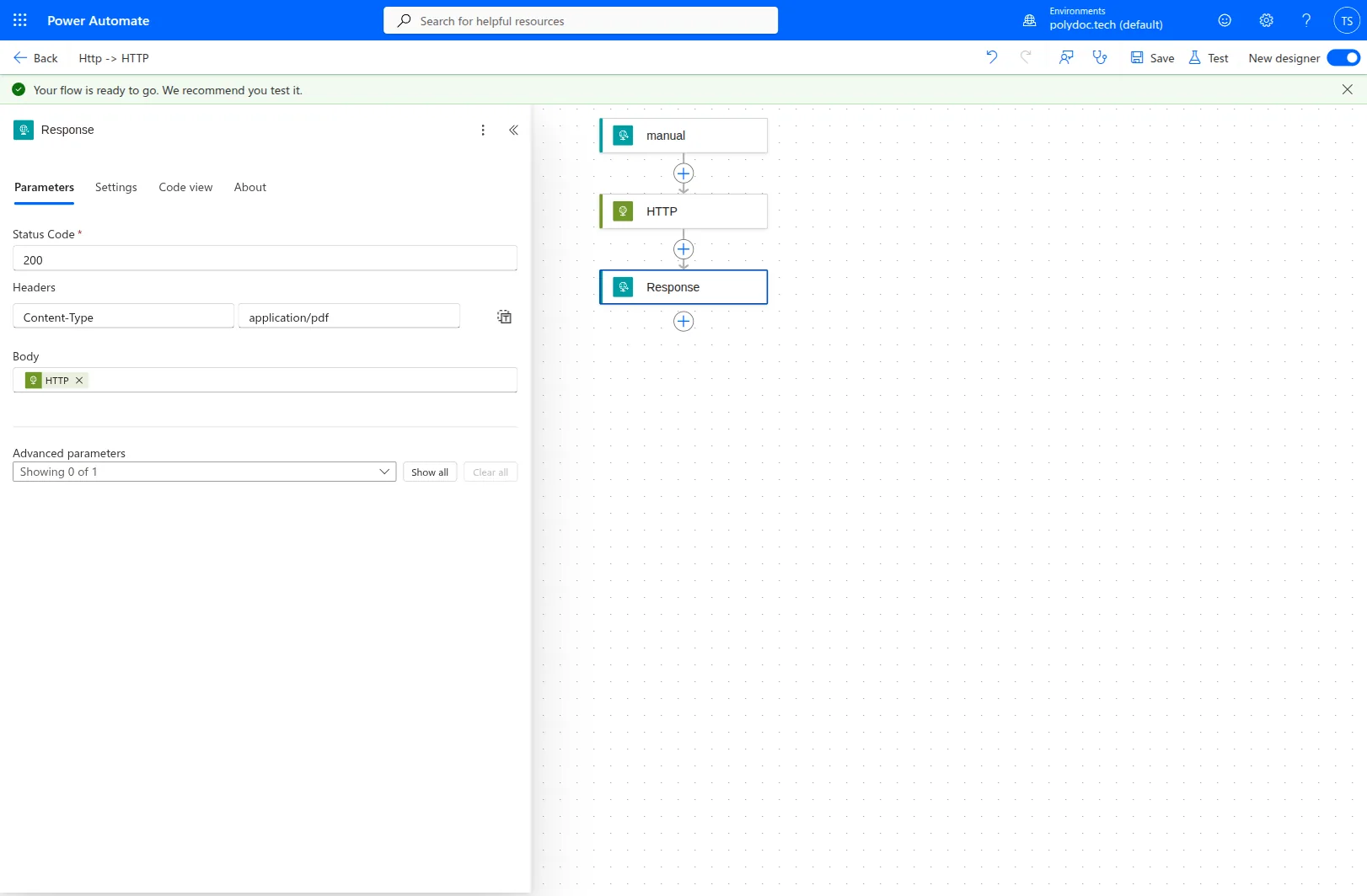 Power Automate Response action with Status Code 200, a Content-Type application/pdf header, and the Body set to the HTTP action's Body output token.