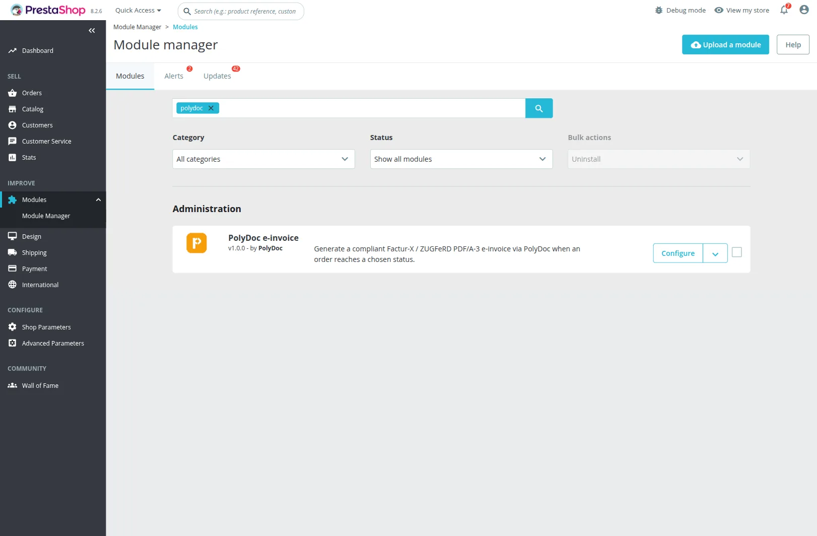 PrestaShop Module Manager showing the installed PolyDoc e-invoice module card with a Configure button.