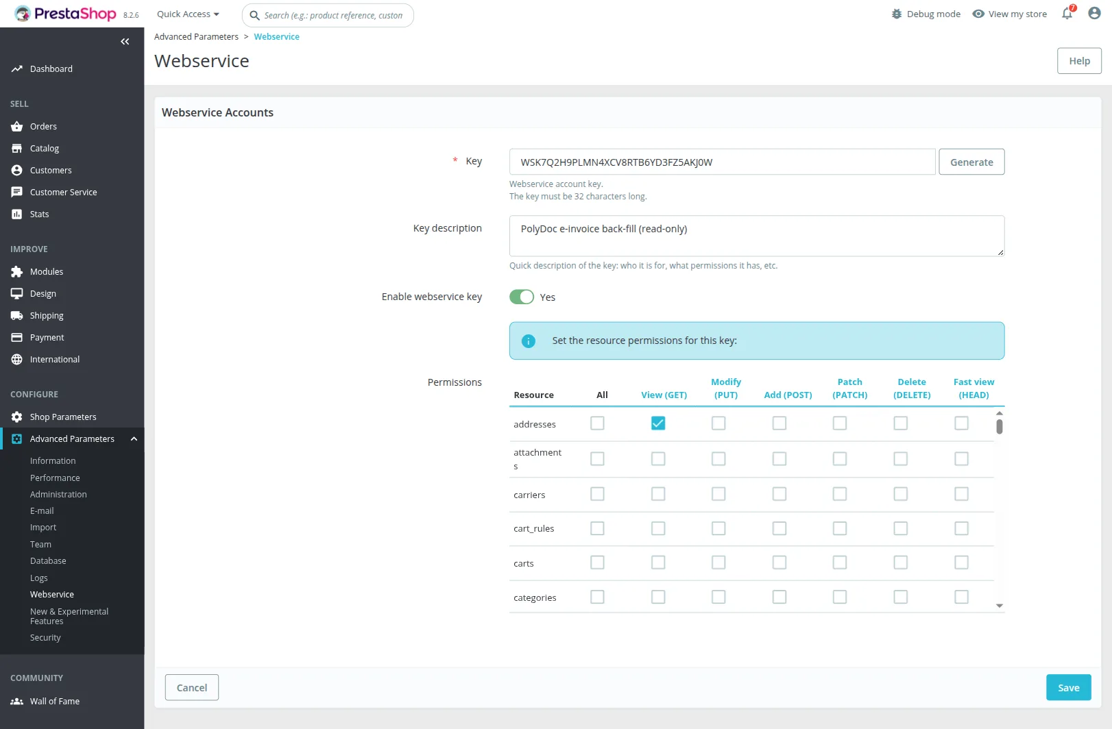 PrestaShop Advanced Parameters → Webservice: the new key form with a generated key, a description, Enable webservice key set to Yes, and the resource permissions grid with View (GET) ticked for addresses.