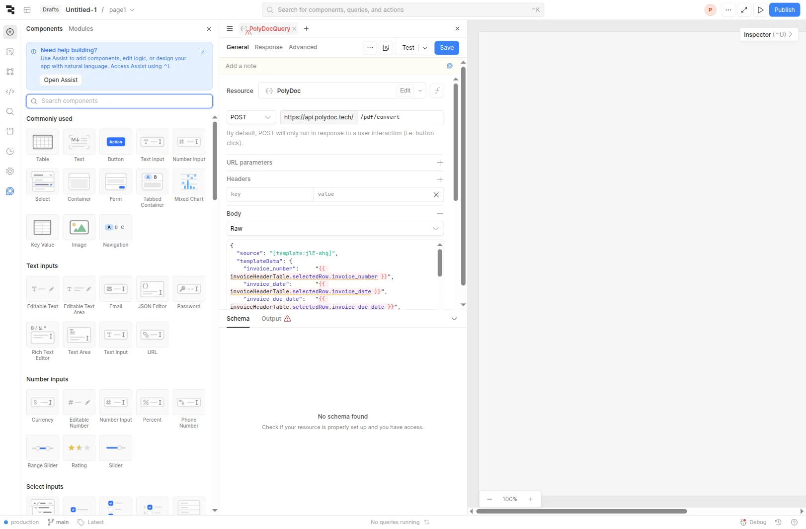Retool app canvas with an invoiceHeaderTable showing one selected row, a line-items section below, and a Generate PDF button on the right.