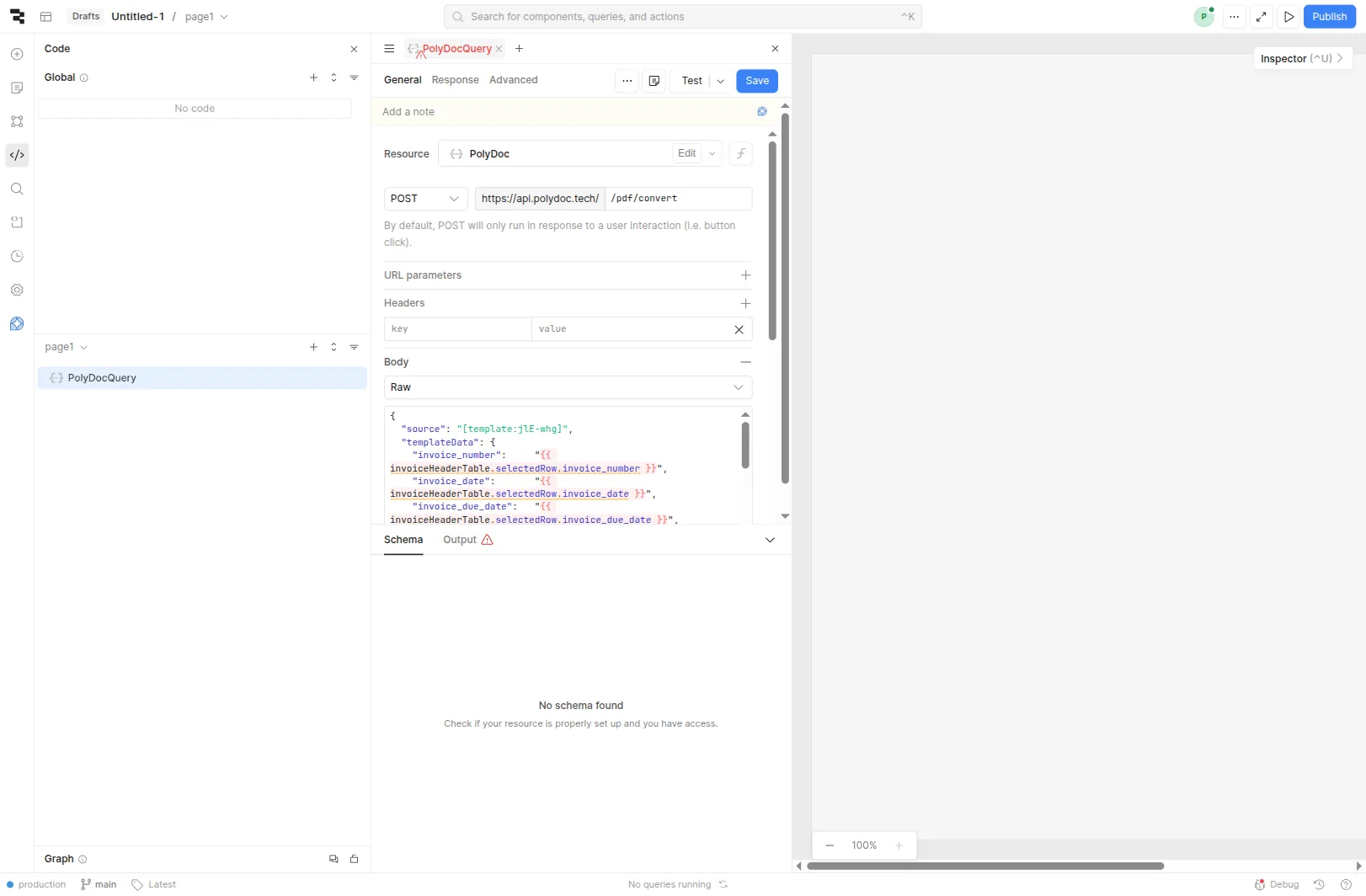 Retool query editor: PolyDocQuery POST to /pdf/convert against the PolyDoc resource, Raw body type, full JSON body visible with all 13 templateData fields and the inline items .map().