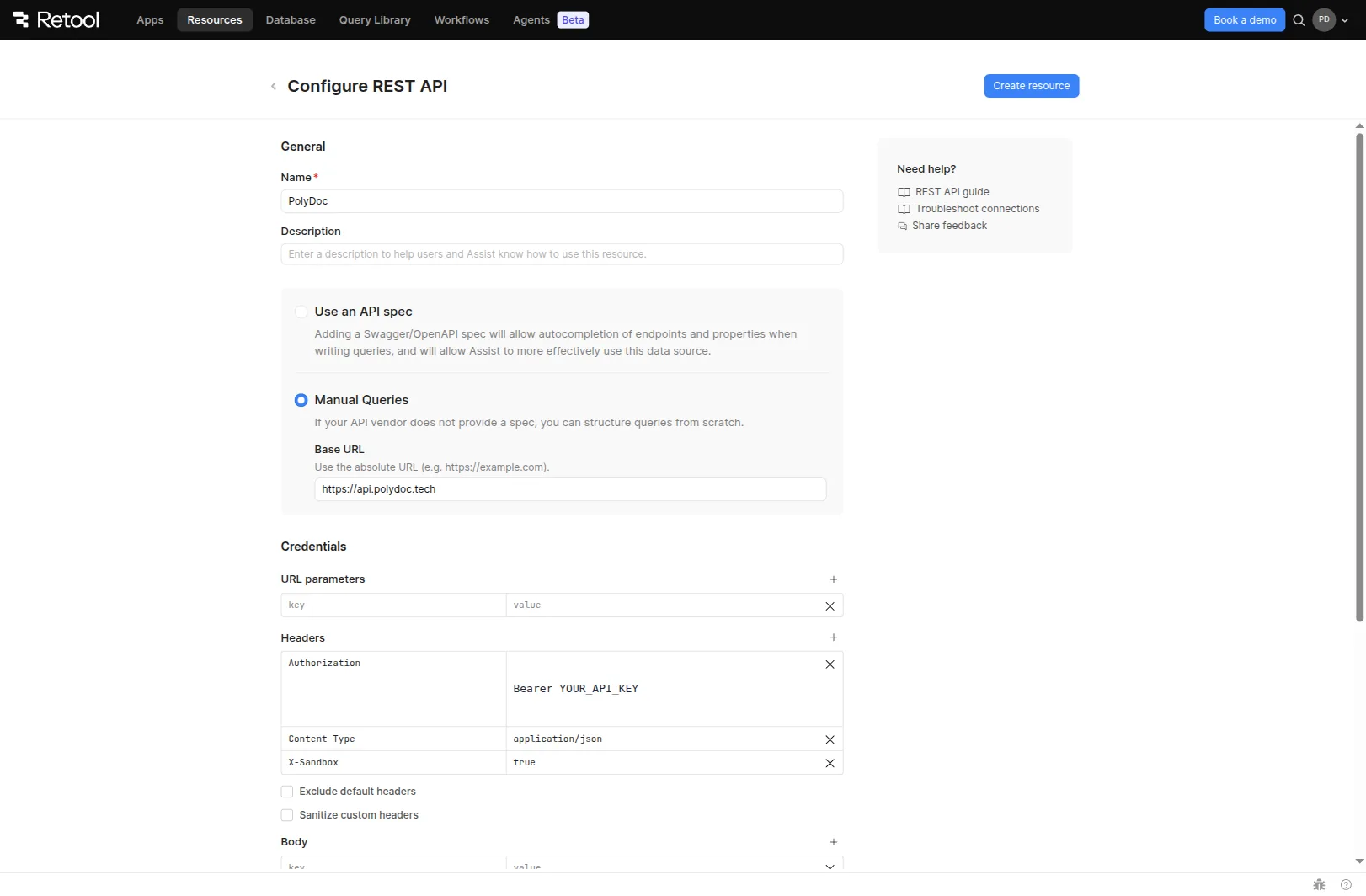 Retool Resources screen with REST API selected, Base URL set to https://api.polydoc.tech, and the Authorization / Content-Type / X-Sandbox headers filled in.