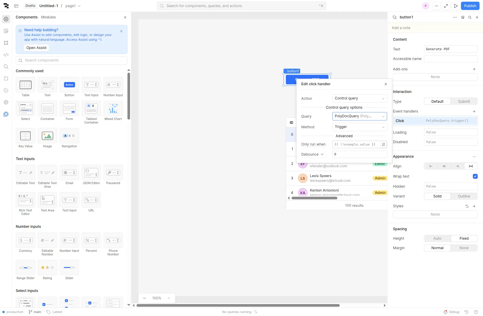 Retool button inspector with a Click event handler: Action Control query, Query PolyDocQuery, Method Trigger — the chain that fires PolyDocQuery when the Generate PDF button is clicked.