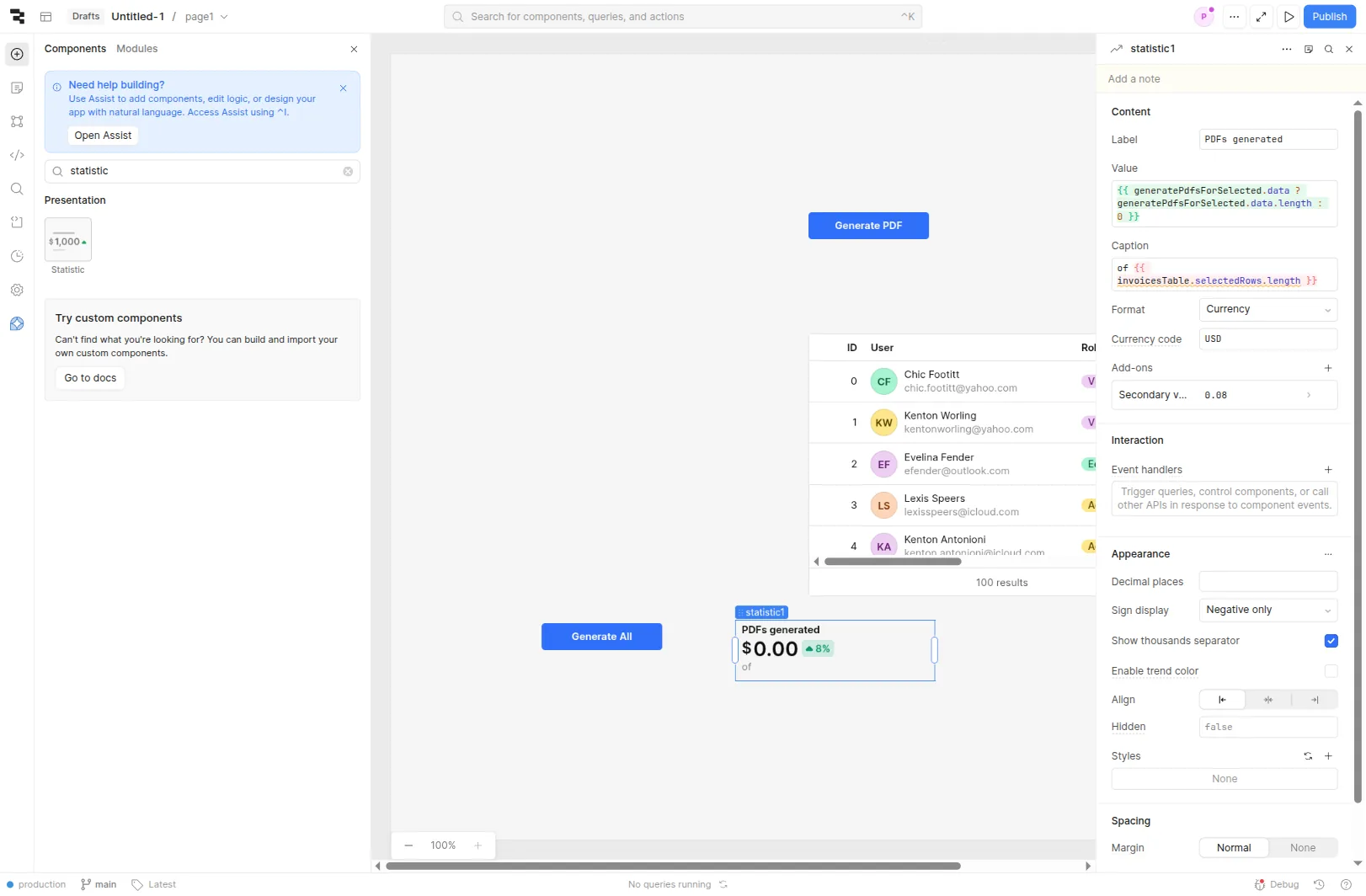 Retool canvas with a Statistic component labelled 'PDFs generated' bound to {{ generatePdfsForSelected.data.length }} over {{ invoicesTable.selectedRows.length }}, sitting beside the Generate All button.