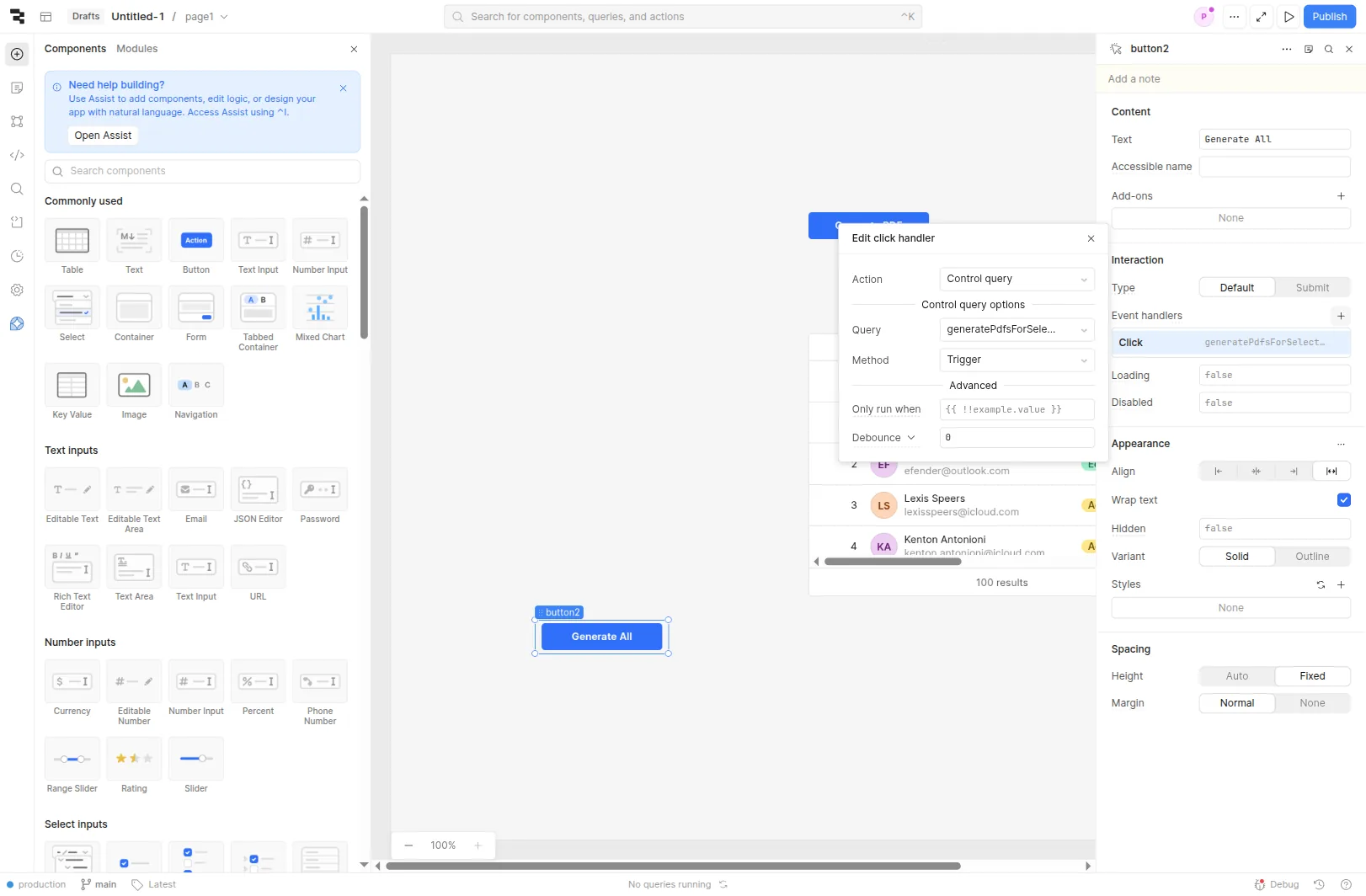 Retool Generate All button with the Edit click handler popup showing Action Control query, Query generatePdfsForSelected, Method Trigger — the bulk JS query fires once per click.
