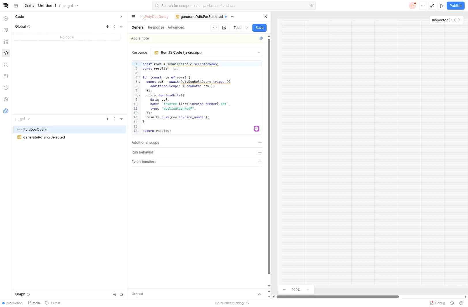 Retool JS query editor showing generatePdfsForSelected: loops invoicesTable.selectedRows and awaits PolyDocBulkQuery.trigger with additionalScope rowData per row.