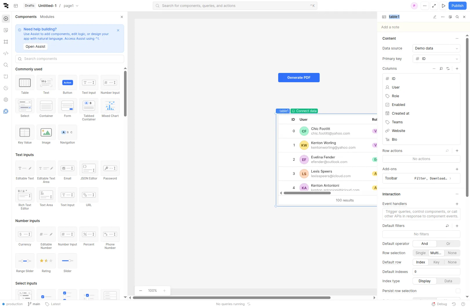 Retool table inspector with Row selection switched to Multiple — sample rows visible on the canvas with the checkbox column ready for multi-row selection.