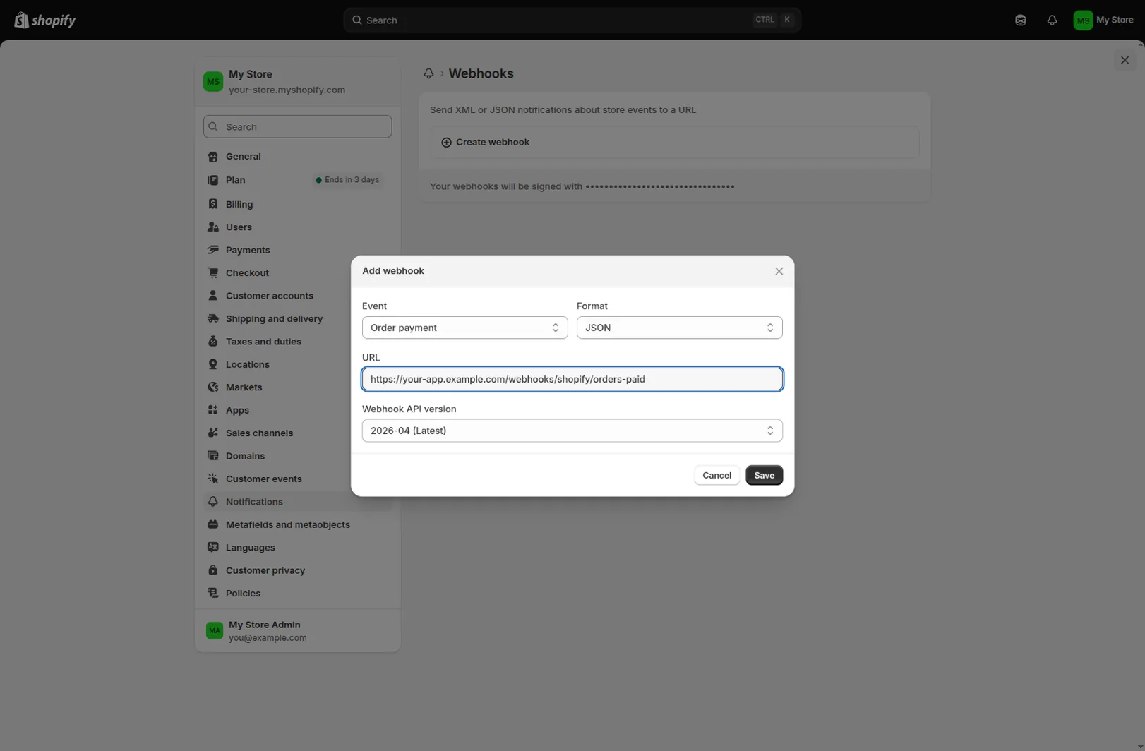 Shopify admin → Settings → Notifications → Webhooks: the Create webhook dialog with event set to Order payment, format JSON, and a handler URL.